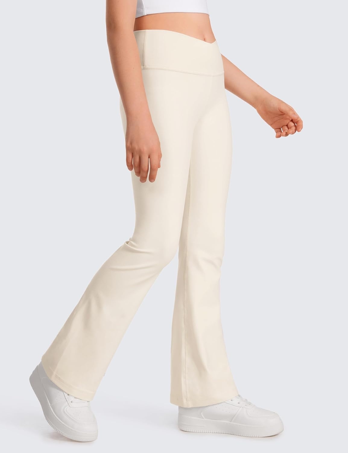 image:imageCRZ YOGA Girls Butterluxe Crossover Waist Yoga Flare Leggings Dance Casual Athletic Pants Bell Bottoms Kids TeenWhite Apricot
