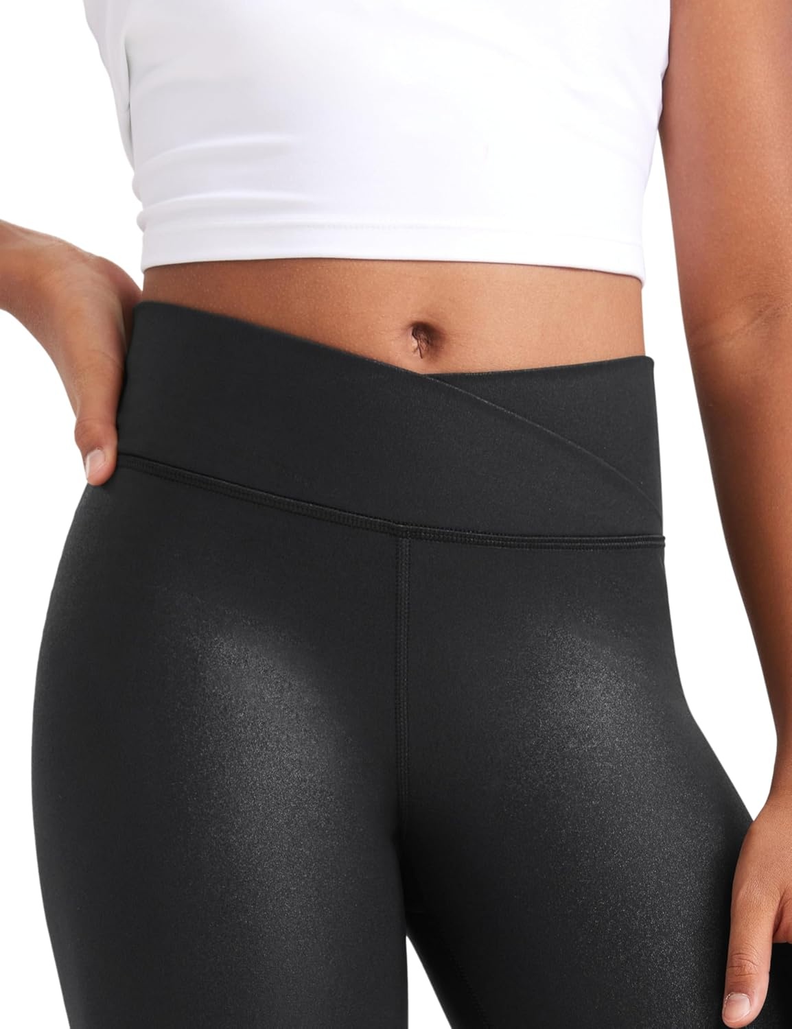 image:imageCRZ YOGA Girls Butterluxe Crossover Waist Yoga Leggings Athletic Sports Casual Pants V Cross Tights Kids TeenFaux Leather Black