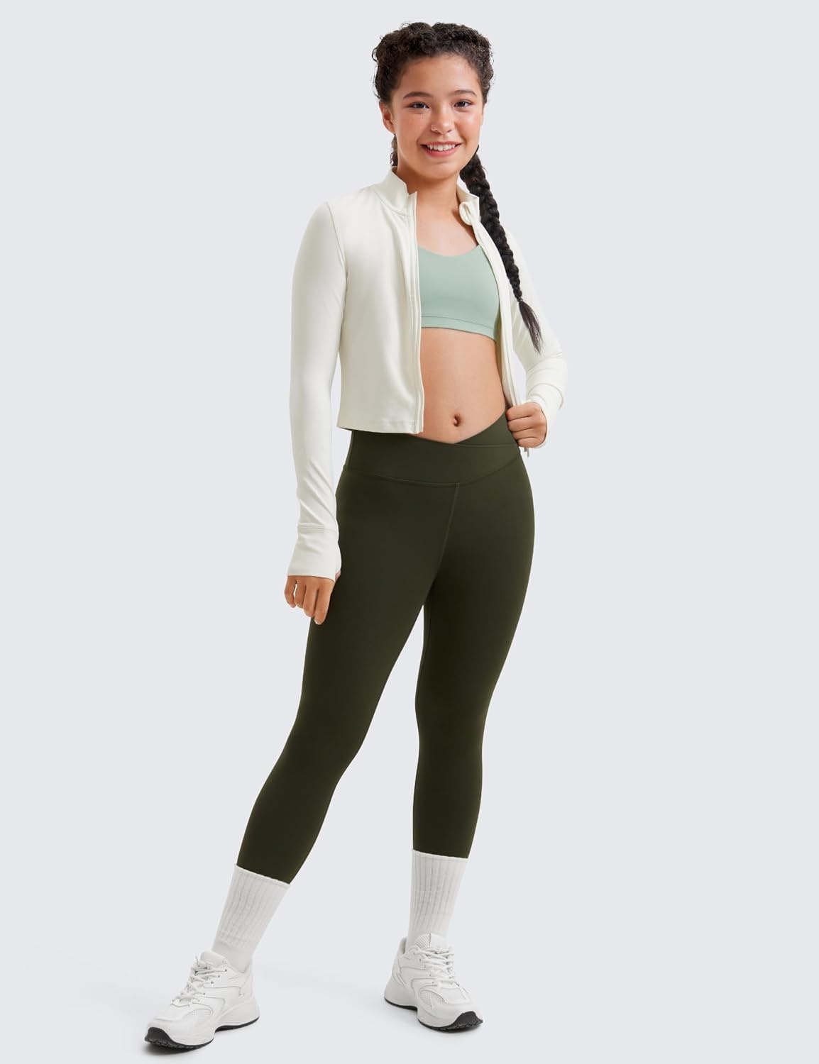 image:imageCRZ YOGA Girls Butterluxe Crossover Waist Yoga Leggings Athletic Sports Casual Pants V Cross Tights Kids TeenOlive Green