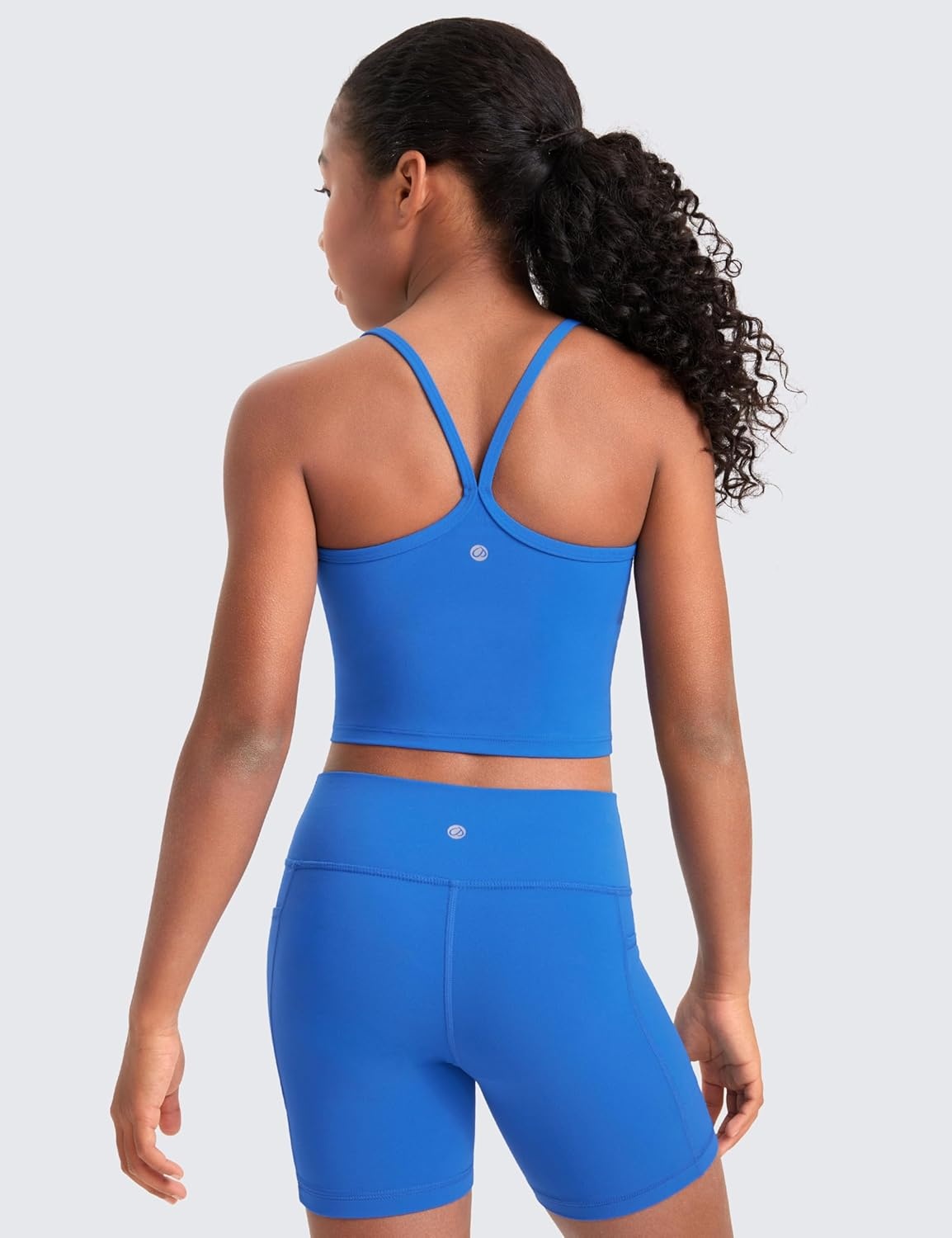 image:imageCRZ YOGA Girls Butterluxe Double Lined Camisole Crop Tank Tops Dance Yoga Athletic Casual Spaghetti Y Back Kids TeenSparkle Blue
