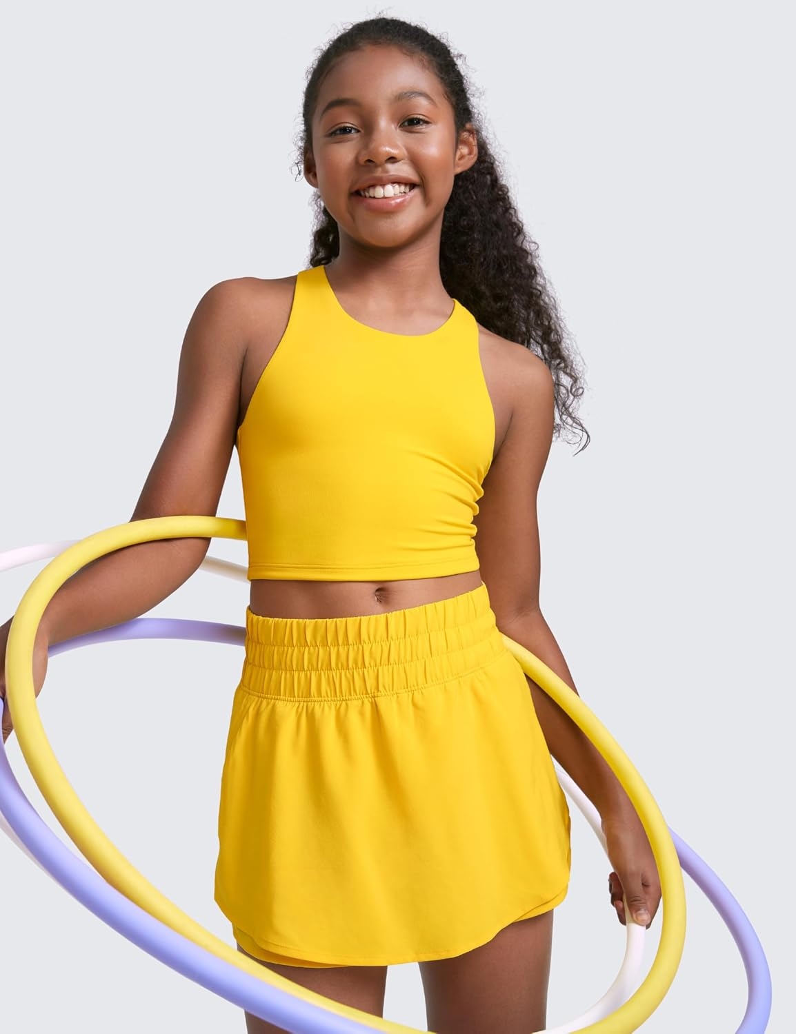image:imageCRZ YOGA Girls Butterluxe Double Lined Racerback Crop Tank Tops High Neck Dance Yoga Athletic Casual Tight Kids TeenHigh Visibility Yellow