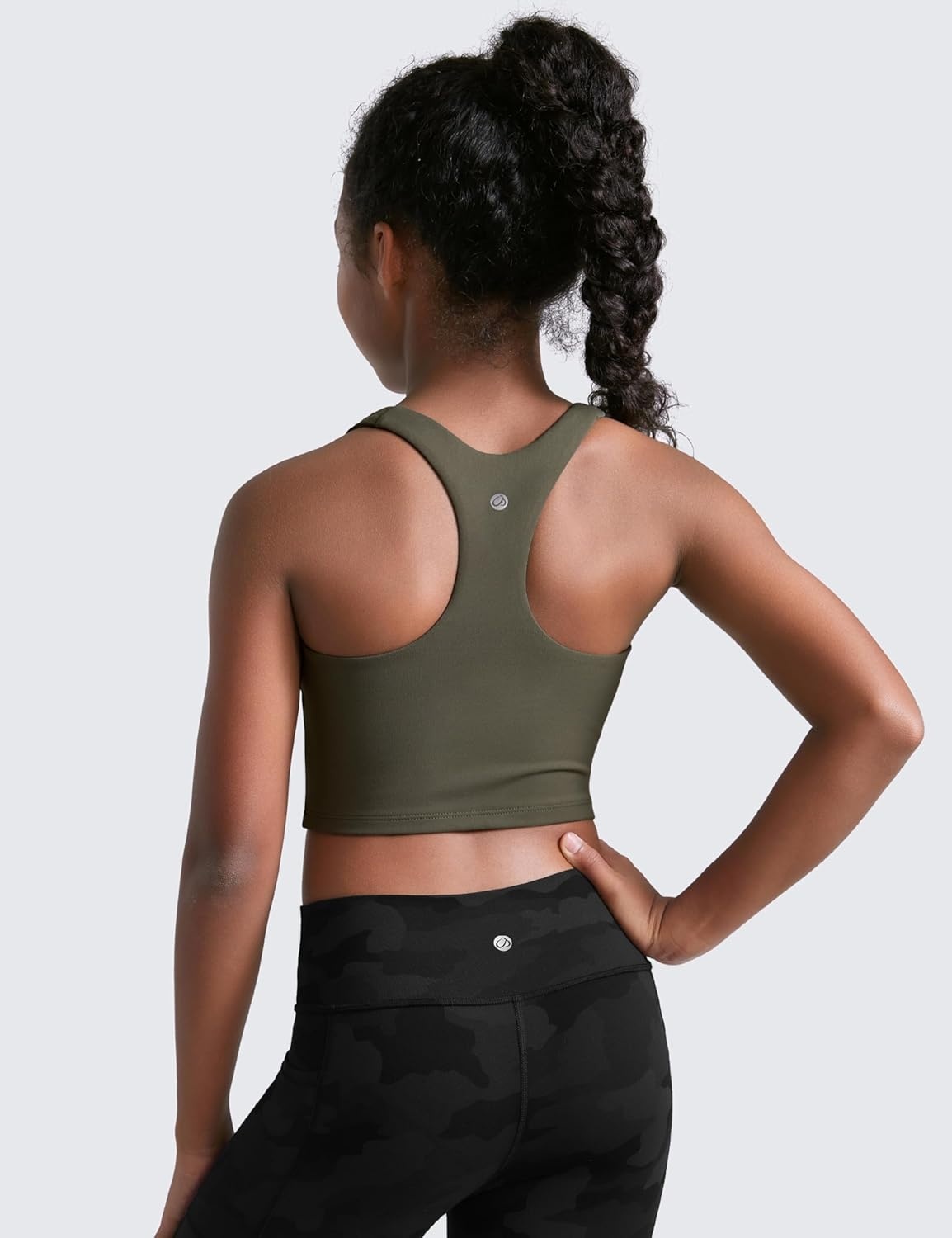 image:imageCRZ YOGA Girls Butterluxe Double Lined Racerback Crop Tank Tops High Neck Dance Yoga Athletic Casual Tight Kids TeenLight Army Green