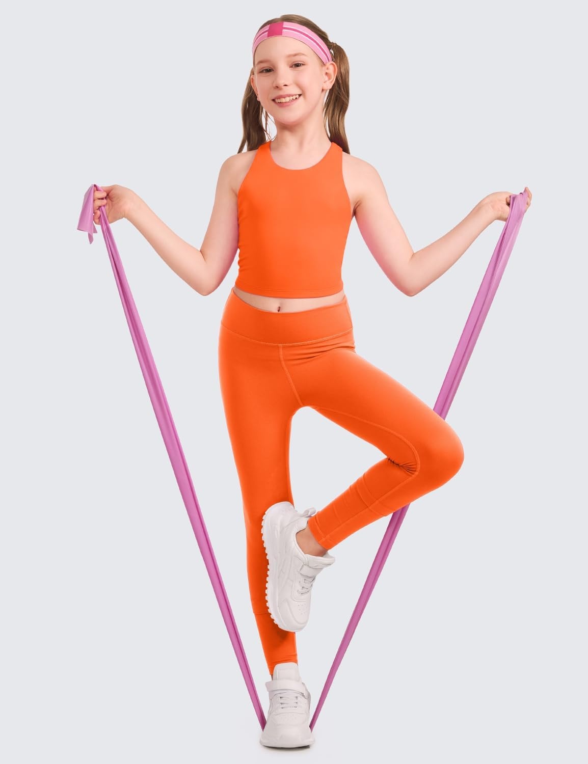 image:imageCRZ YOGA Girls Butterluxe Double Lined Racerback Crop Tank Tops High Neck Dance Yoga Athletic Casual Tight Kids TeenNeon Orange