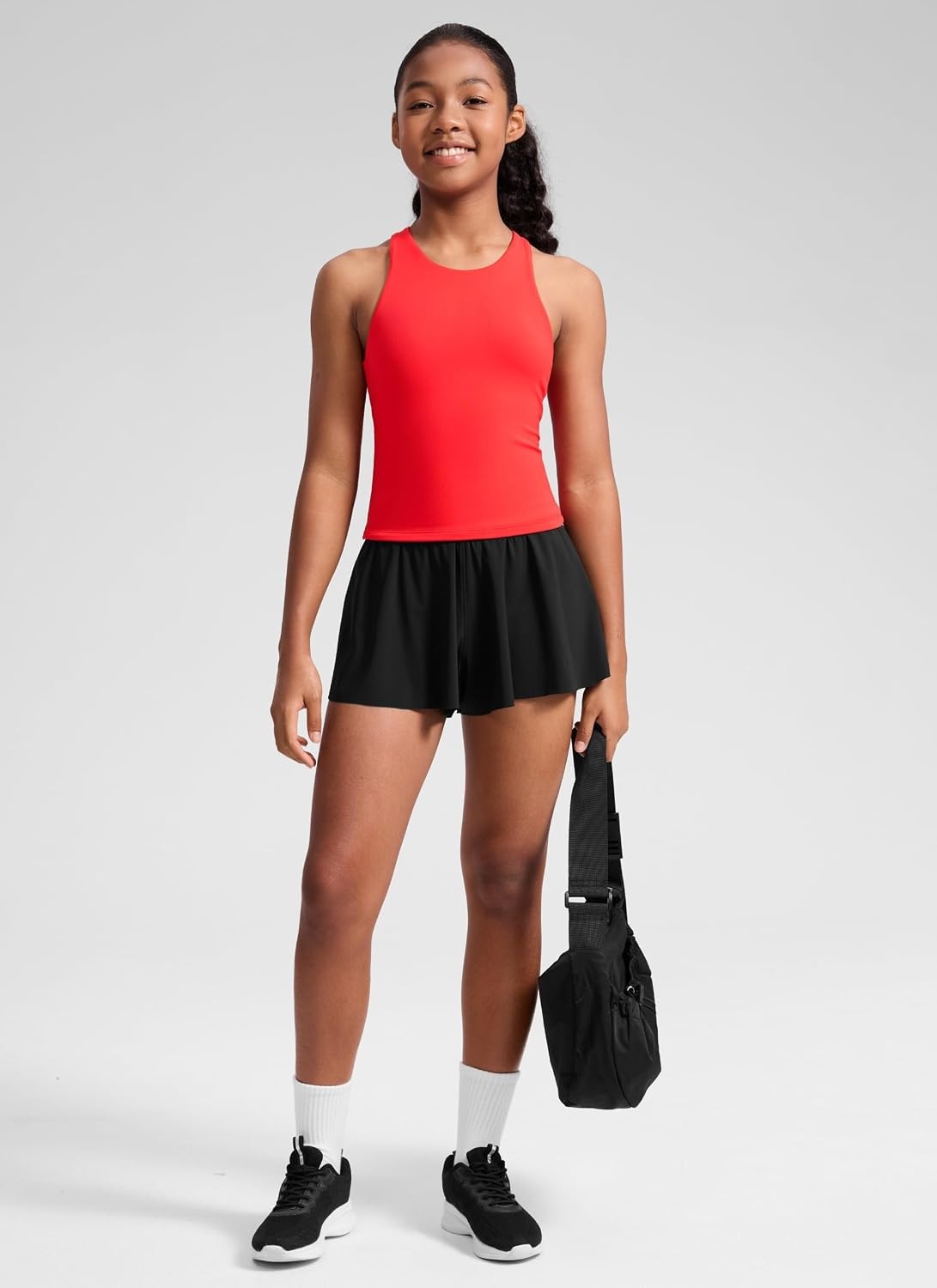 image:imageCRZ YOGA Girls Butterluxe Double Lined Racerback Tank Tops Waist Length High Neck Dance Yoga Athletic Casual Kids TeenDeep Red