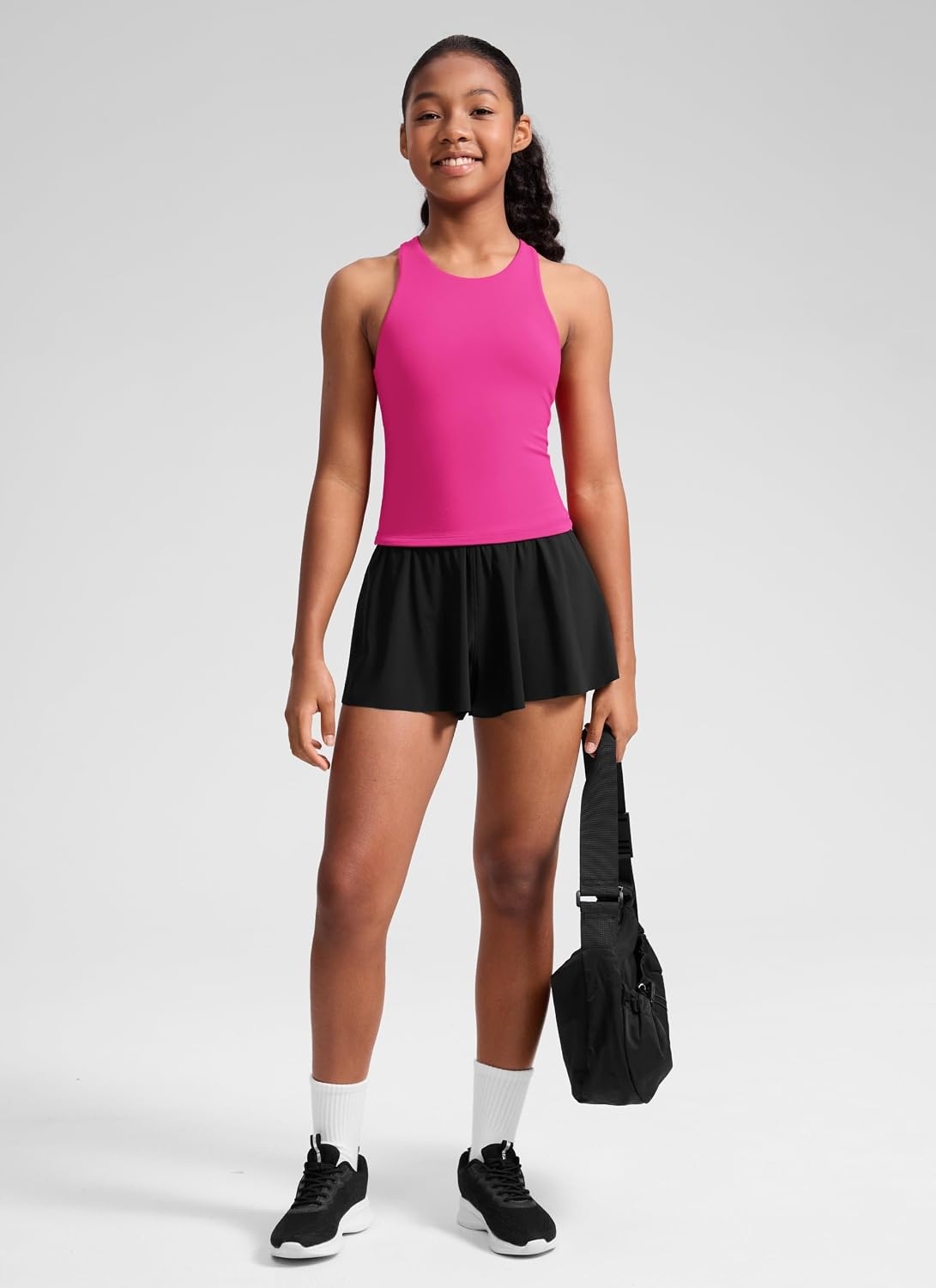 image:imageCRZ YOGA Girls Butterluxe Double Lined Racerback Tank Tops Waist Length High Neck Dance Yoga Athletic Casual Kids TeenHibiscus Purple