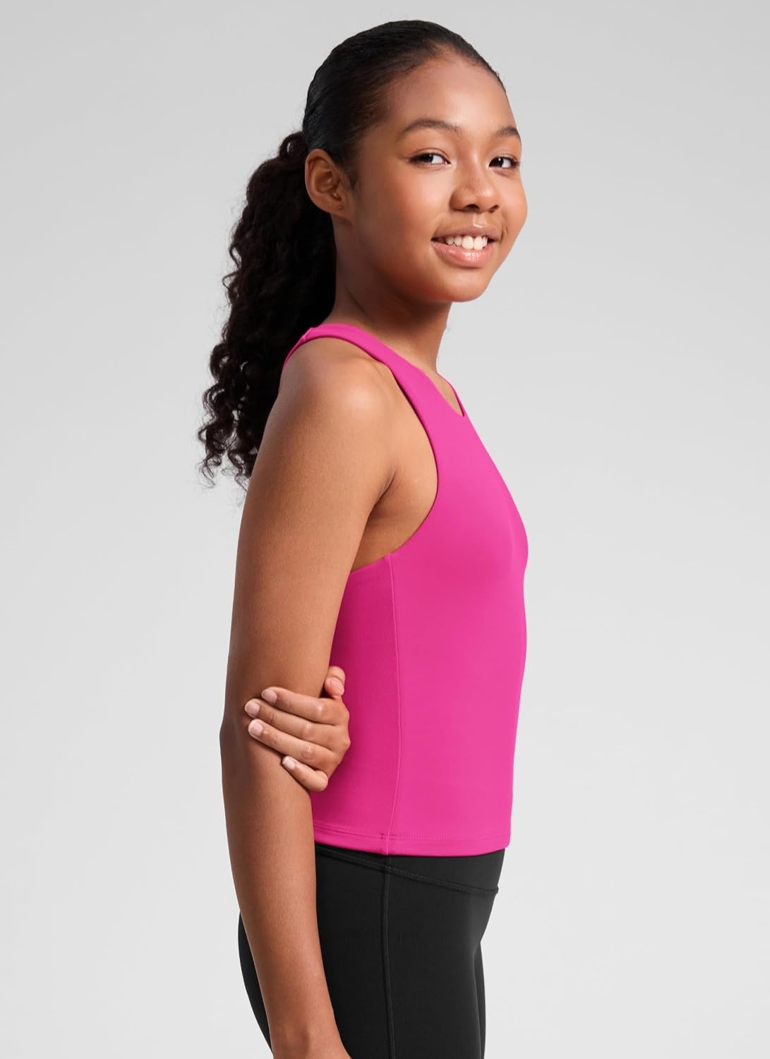 image:imageCRZ YOGA Girls Butterluxe Double Lined Racerback Tank Tops Waist Length High Neck Dance Yoga Athletic Casual Kids TeenHibiscus Purple