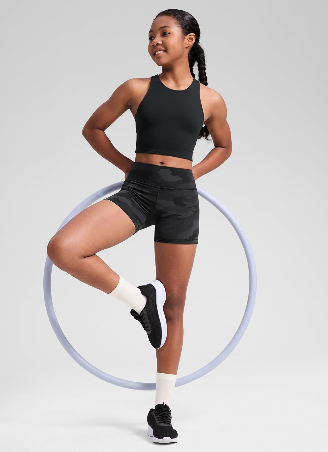 image:imageCRZ YOGA Girls Butterluxe High Waist Athletic Biker Shorts Dance Yoga Casual Kids Teen SummerDark Grey Camouflage 2