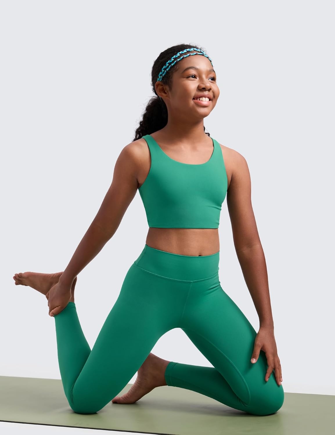 image:imageCRZ YOGA Girls Butterluxe Longline Sports Bra Yoga Athletic Casual Tops Scoop Neck U Back Padded Kids TeenCascadia Green