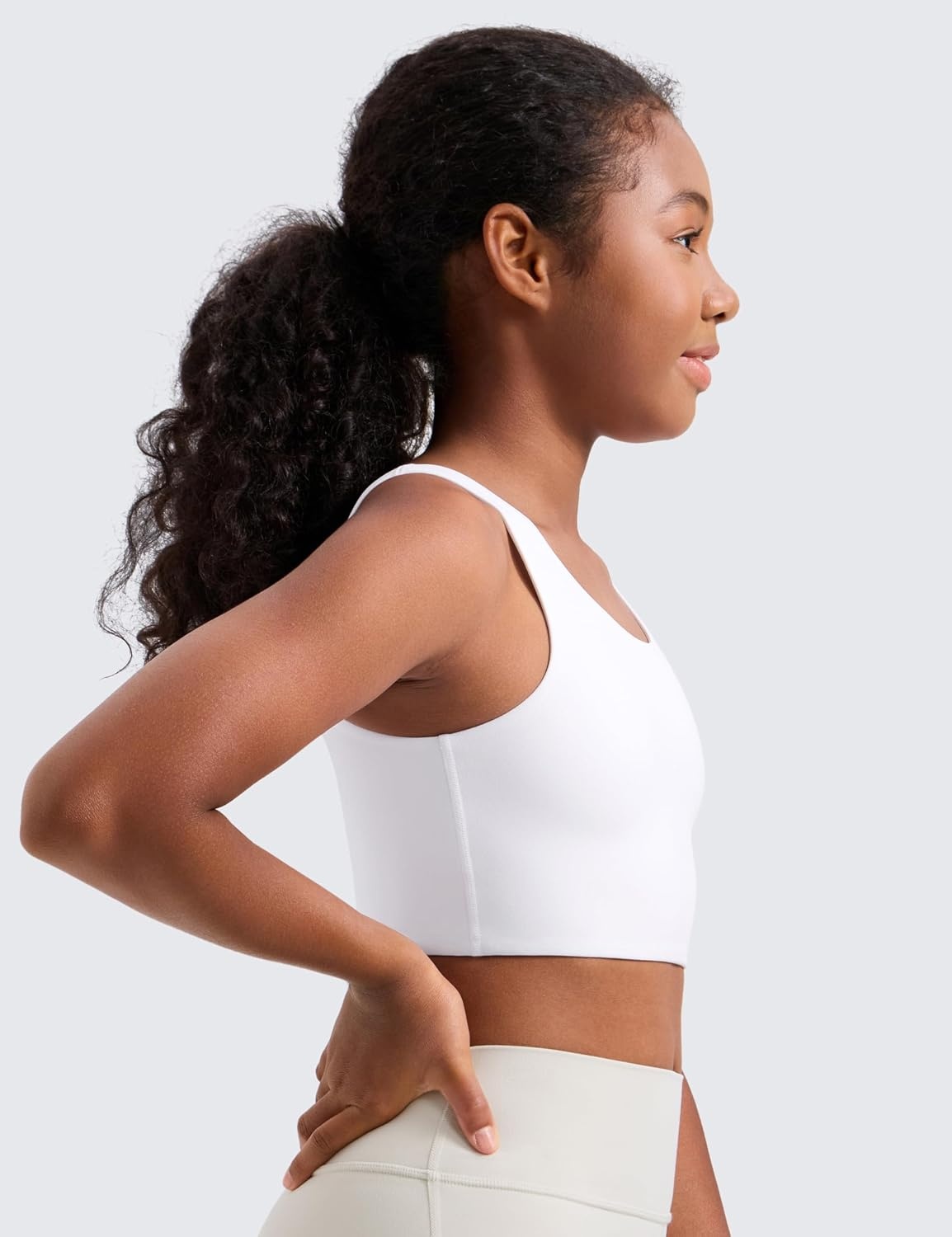 image:imageCRZ YOGA Girls Butterluxe Longline Sports Bra Yoga Athletic Casual Tops Scoop Neck U Back Padded Kids TeenWhite