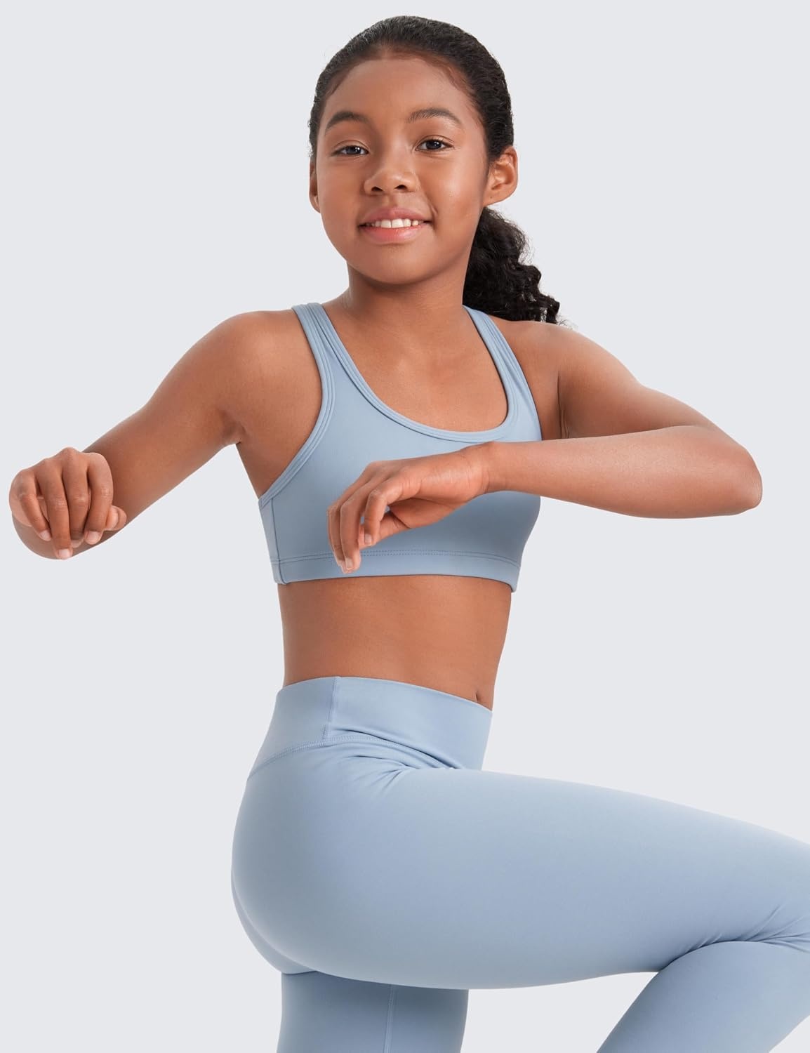 image:imageCRZ YOGA Girls Butterluxe Racerback Sports Bra Yoga Athletic Casual Tops Scoop Neck Padded Crop Kids TeenCambric Blue