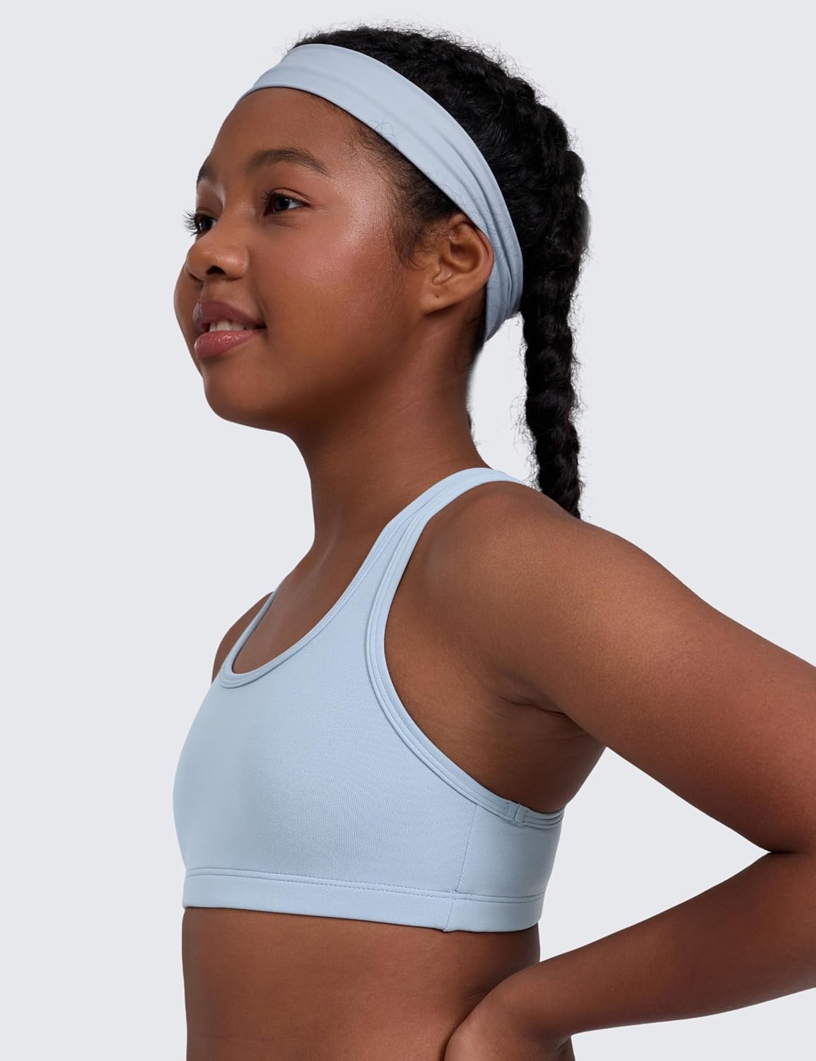 image:imageCRZ YOGA Girls Butterluxe Racerback Sports Bra Yoga Athletic Casual Tops Scoop Neck Padded Crop Kids TeenCambric Blue
