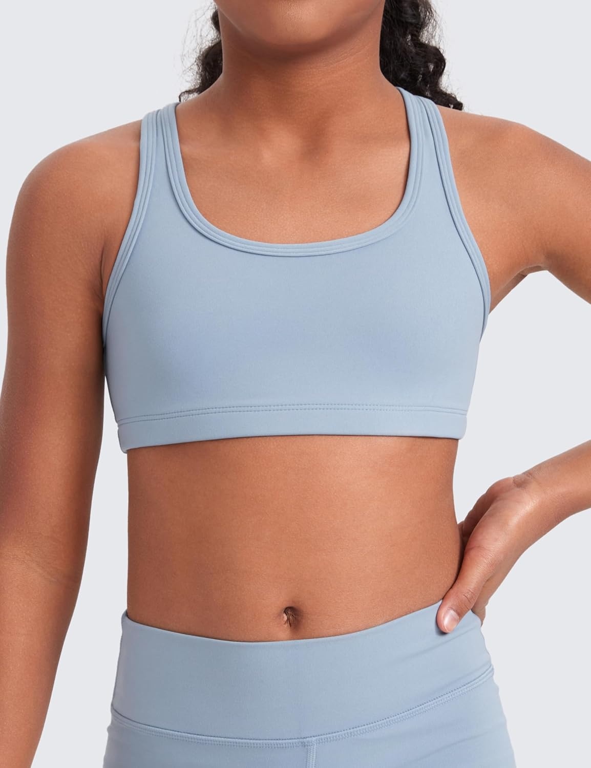 image:imageCRZ YOGA Girls Butterluxe Racerback Sports Bra Yoga Athletic Casual Tops Scoop Neck Padded Crop Kids TeenCambric Blue