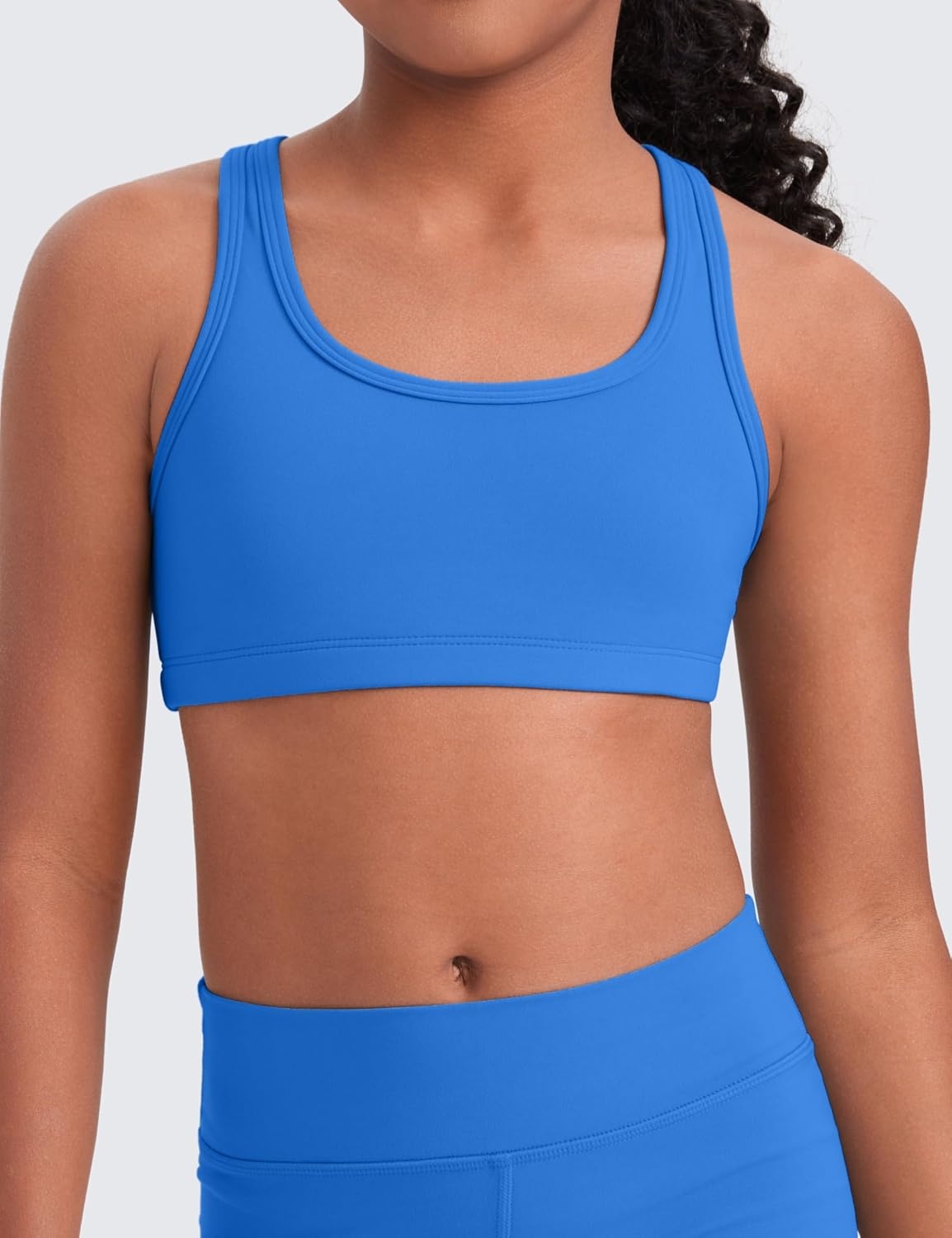 image:imageCRZ YOGA Girls Butterluxe Racerback Sports Bra Yoga Athletic Casual Tops Scoop Neck Padded Crop Kids TeenSparkle Blue
