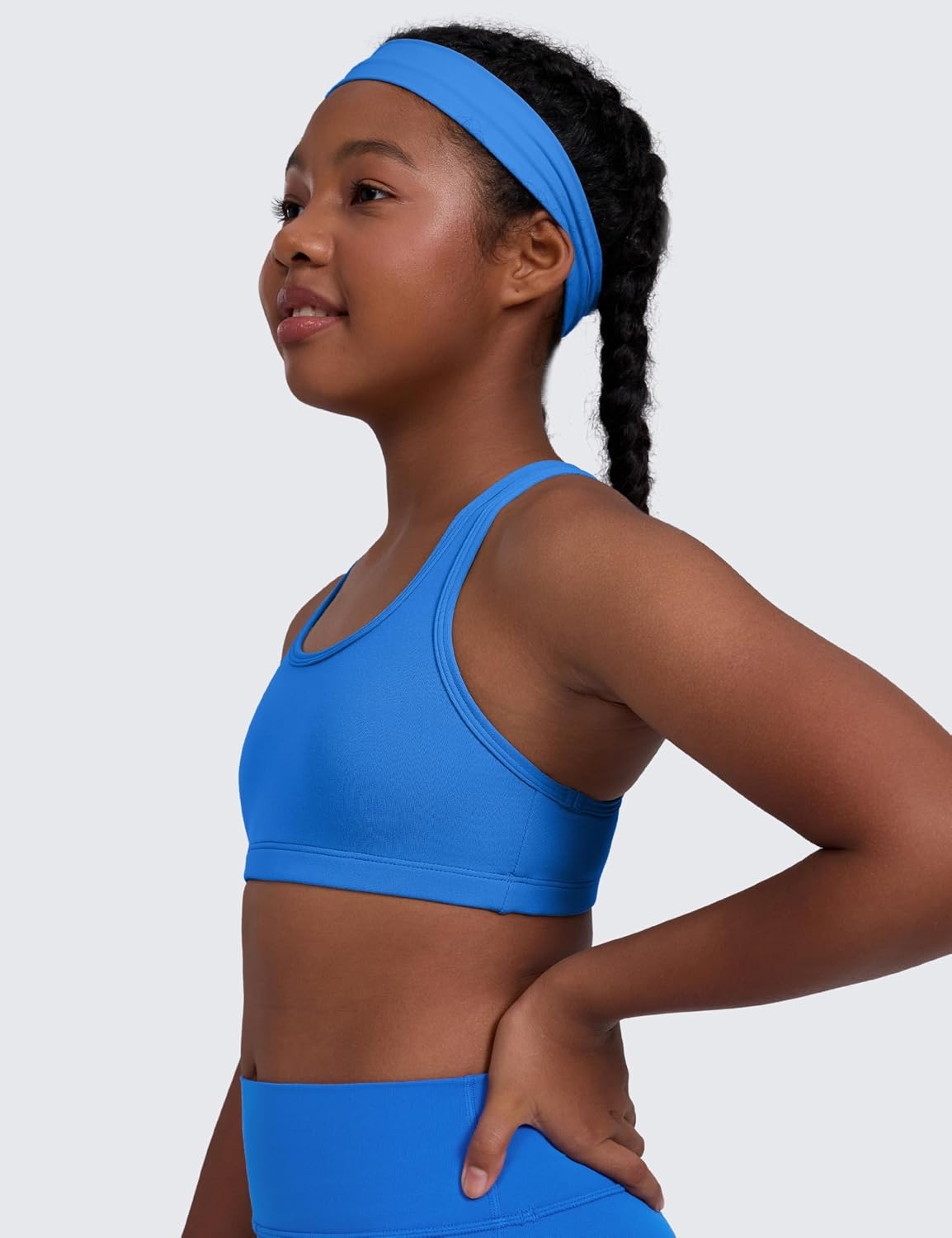 image:imageCRZ YOGA Girls Butterluxe Racerback Sports Bra Yoga Athletic Casual Tops Scoop Neck Padded Crop Kids TeenSparkle Blue
