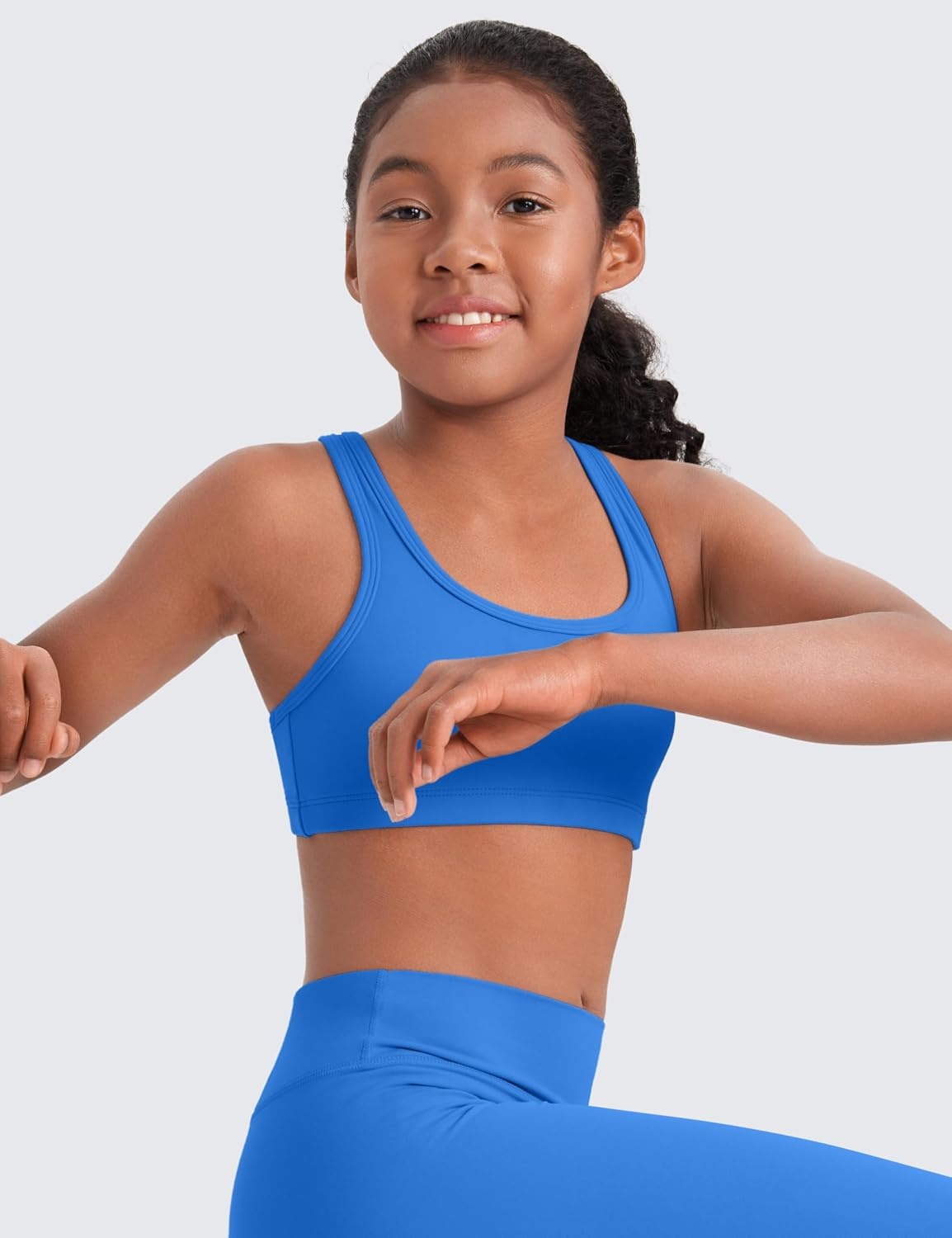 image:imageCRZ YOGA Girls Butterluxe Racerback Sports Bra Yoga Athletic Casual Tops Scoop Neck Padded Crop Kids TeenSparkle Blue