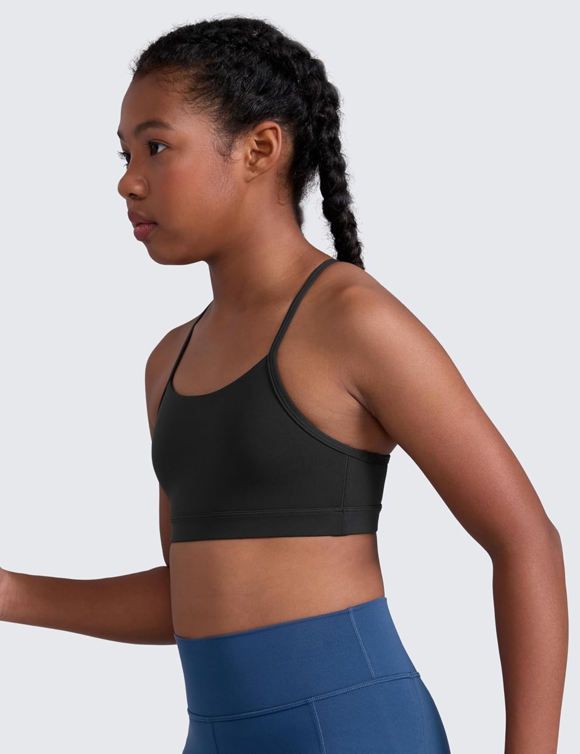 image:imageCRZ YOGA Girls Butterluxe Y Back Sports Bra Yoga Athletic Casual Tops Scoop Neck Spaghetti Strap Padded Crop Kids TeenBlack