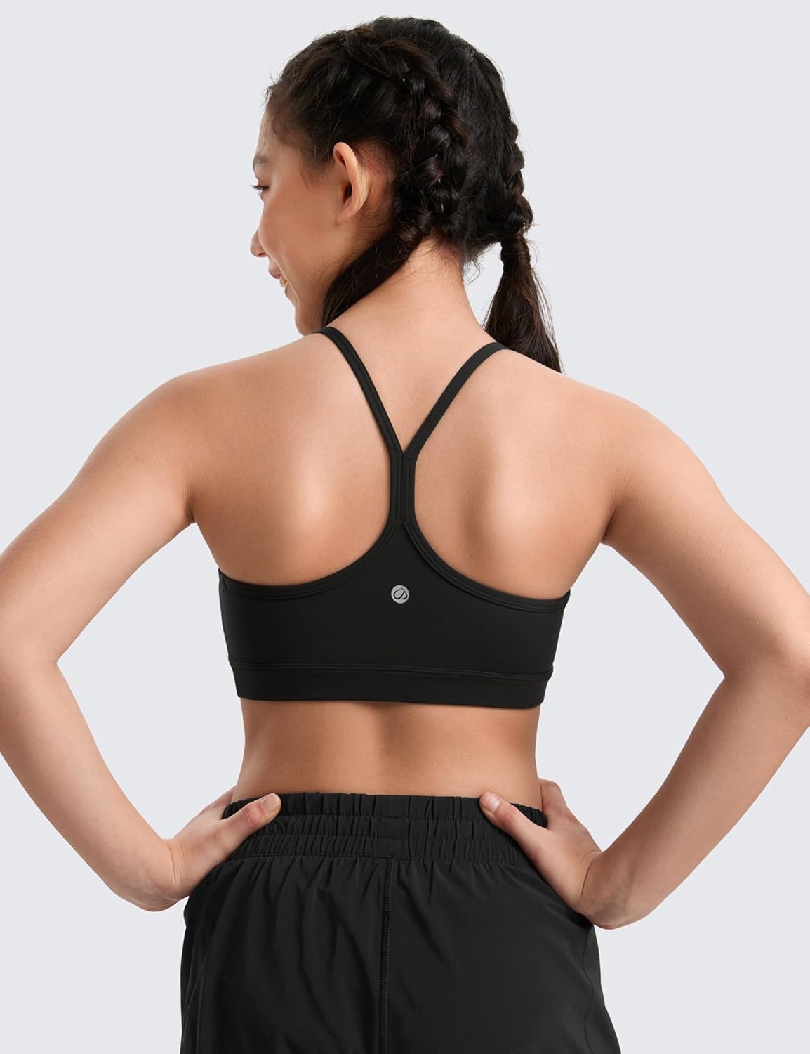 image:imageCRZ YOGA Girls Butterluxe Y Back Sports Bra Yoga Athletic Casual Tops Scoop Neck Spaghetti Strap Padded Crop Kids TeenBlack