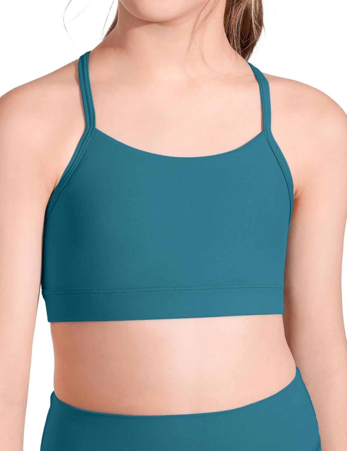 image:imageCRZ YOGA Girls Butterluxe Y Back Sports Bra Yoga Athletic Casual Tops Scoop Neck Spaghetti Strap Padded Crop Kids TeenBorealis Green