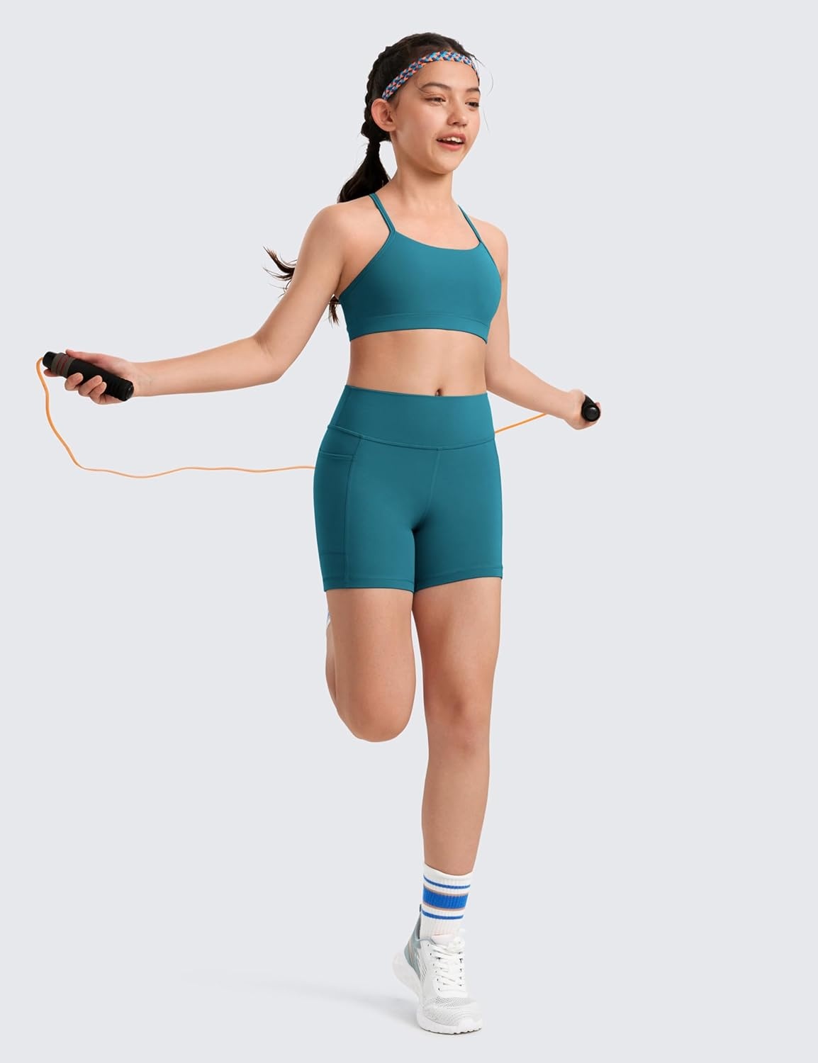 image:imageCRZ YOGA Girls Butterluxe Y Back Sports Bra Yoga Athletic Casual Tops Scoop Neck Spaghetti Strap Padded Crop Kids TeenBorealis Green