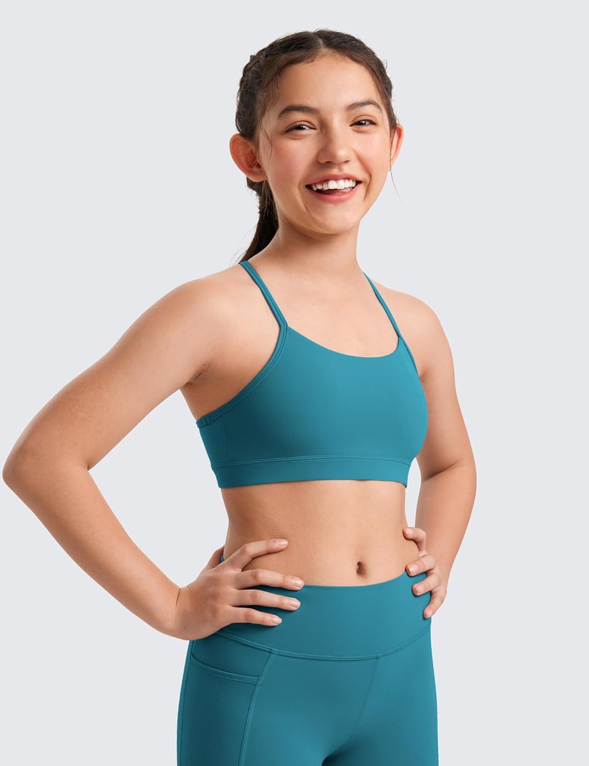 image:imageCRZ YOGA Girls Butterluxe Y Back Sports Bra Yoga Athletic Casual Tops Scoop Neck Spaghetti Strap Padded Crop Kids TeenBorealis Green