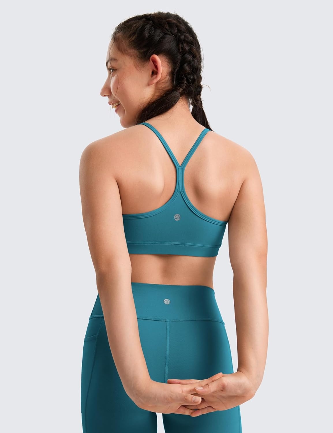 image:imageCRZ YOGA Girls Butterluxe Y Back Sports Bra Yoga Athletic Casual Tops Scoop Neck Spaghetti Strap Padded Crop Kids TeenBorealis Green