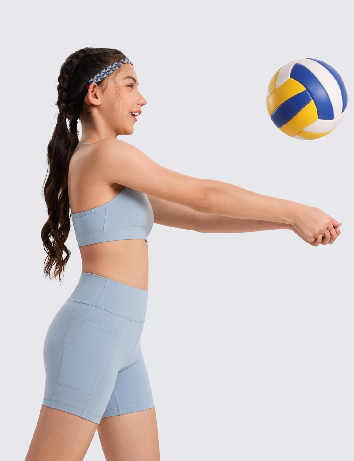 image:imageCRZ YOGA Girls Butterluxe Y Back Sports Bra Yoga Athletic Casual Tops Scoop Neck Spaghetti Strap Padded Crop Kids TeenCambric Blue