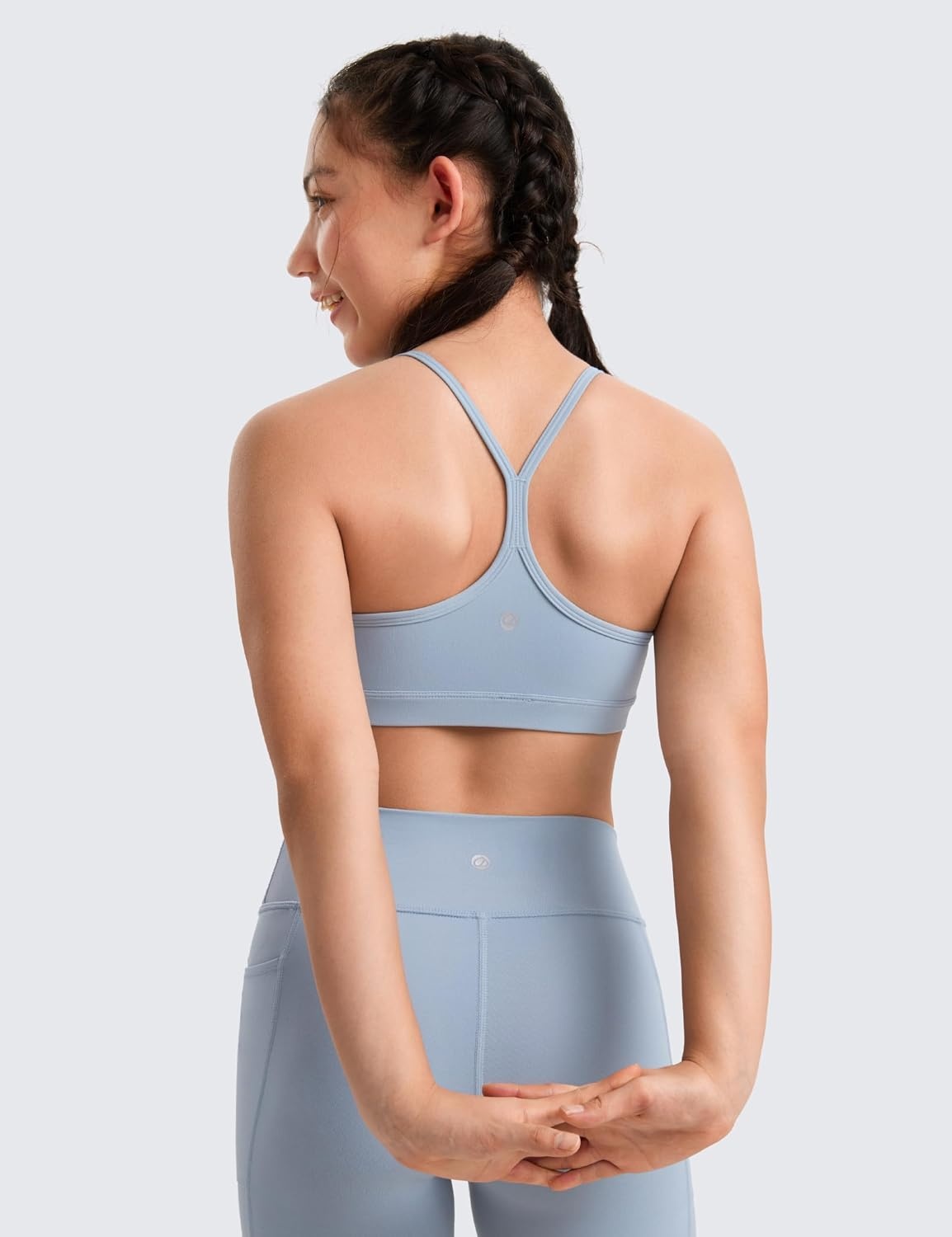 image:imageCRZ YOGA Girls Butterluxe Y Back Sports Bra Yoga Athletic Casual Tops Scoop Neck Spaghetti Strap Padded Crop Kids TeenCambric Blue