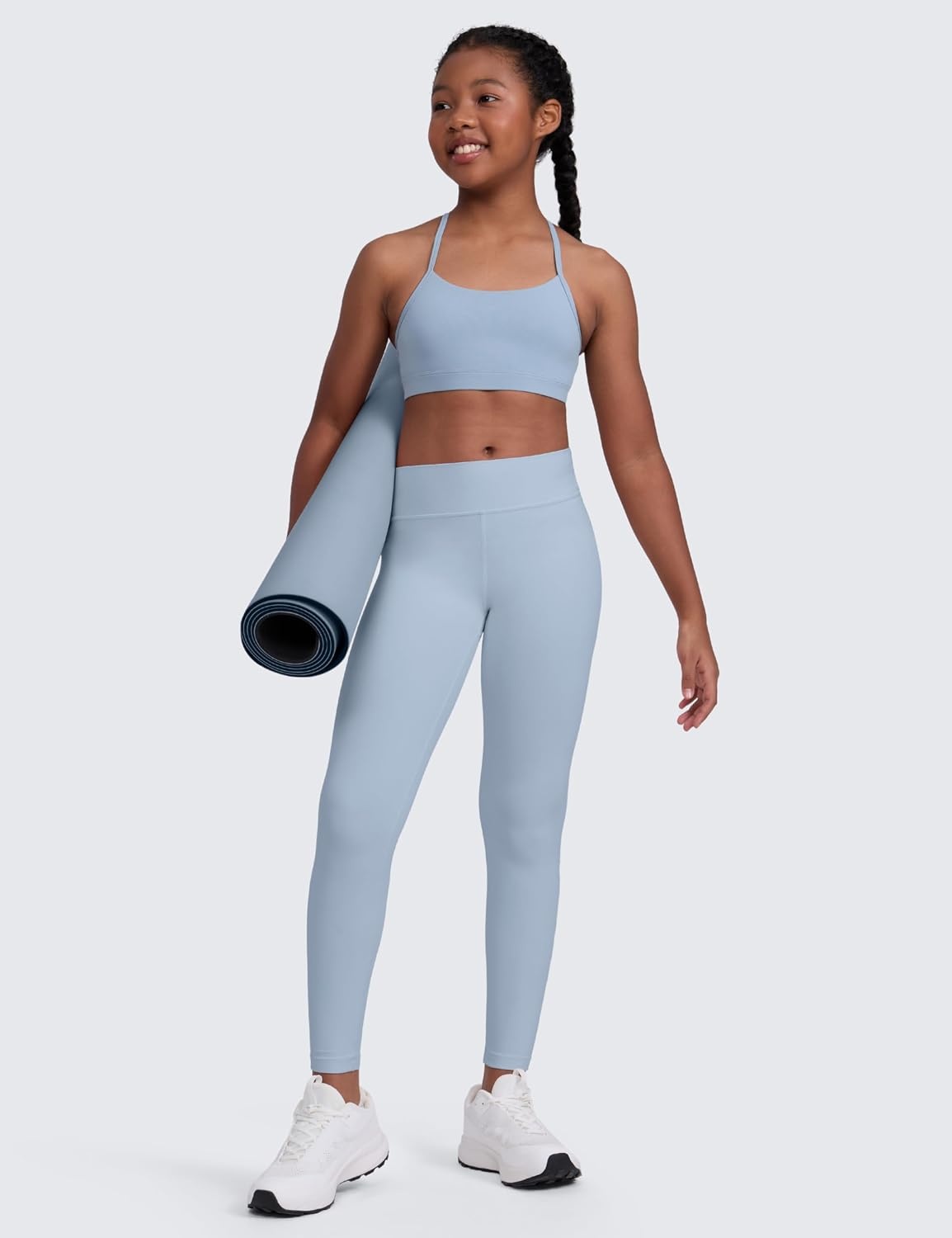 image:imageCRZ YOGA Girls Butterluxe Y Back Sports Bra Yoga Athletic Casual Tops Scoop Neck Spaghetti Strap Padded Crop Kids TeenCambric Blue