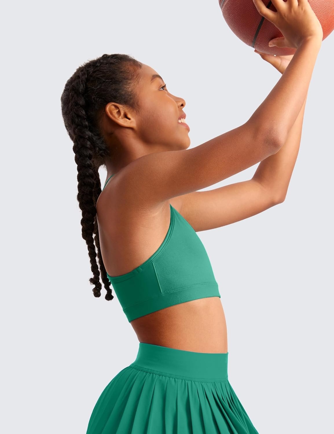 image:imageCRZ YOGA Girls Butterluxe Y Back Sports Bra Yoga Athletic Casual Tops Scoop Neck Spaghetti Strap Padded Crop Kids TeenCascadia Green