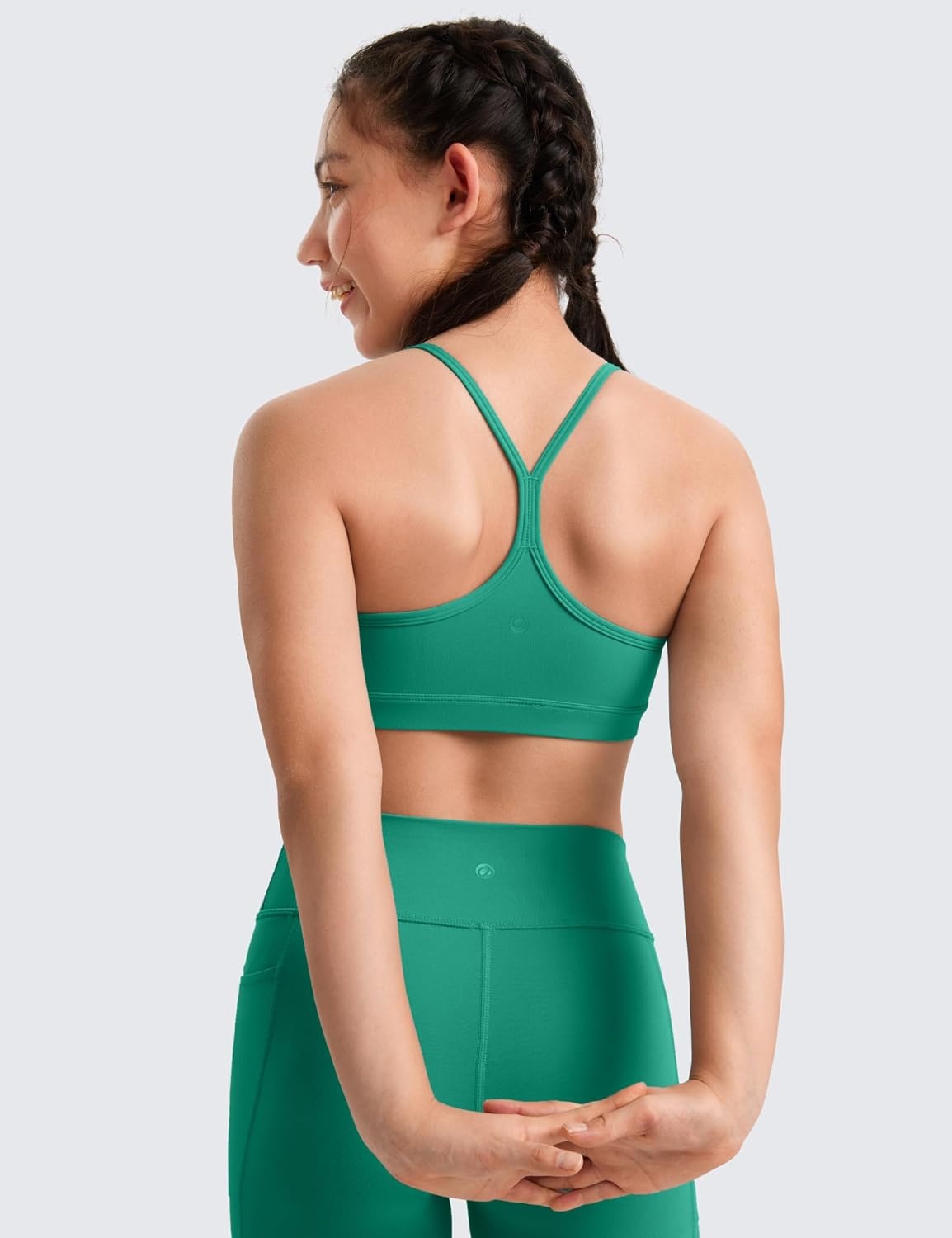 image:imageCRZ YOGA Girls Butterluxe Y Back Sports Bra Yoga Athletic Casual Tops Scoop Neck Spaghetti Strap Padded Crop Kids TeenCascadia Green