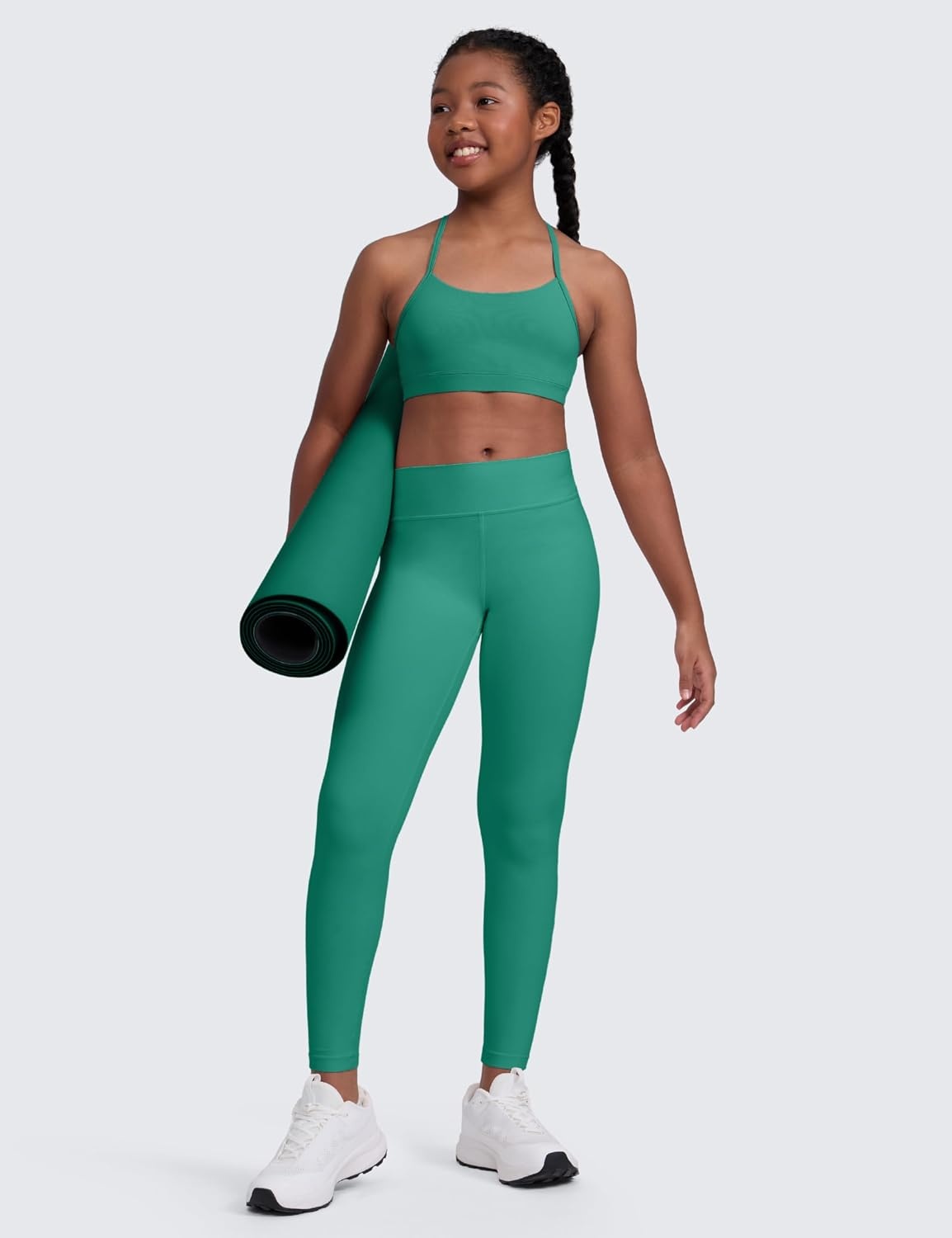 image:imageCRZ YOGA Girls Butterluxe Y Back Sports Bra Yoga Athletic Casual Tops Scoop Neck Spaghetti Strap Padded Crop Kids TeenCascadia Green
