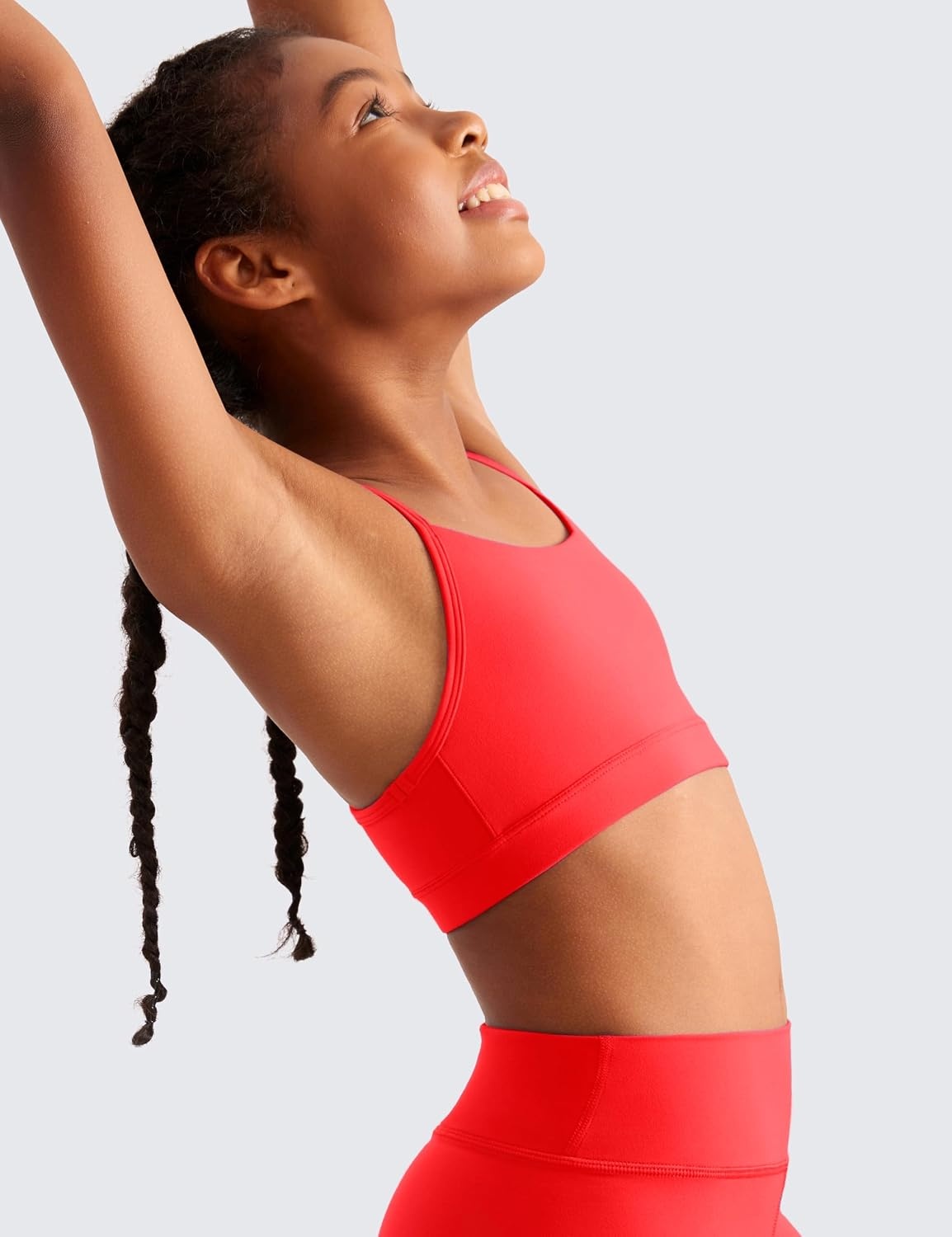 image:imageCRZ YOGA Girls Butterluxe Y Back Sports Bra Yoga Athletic Casual Tops Scoop Neck Spaghetti Strap Padded Crop Kids TeenDeep Red