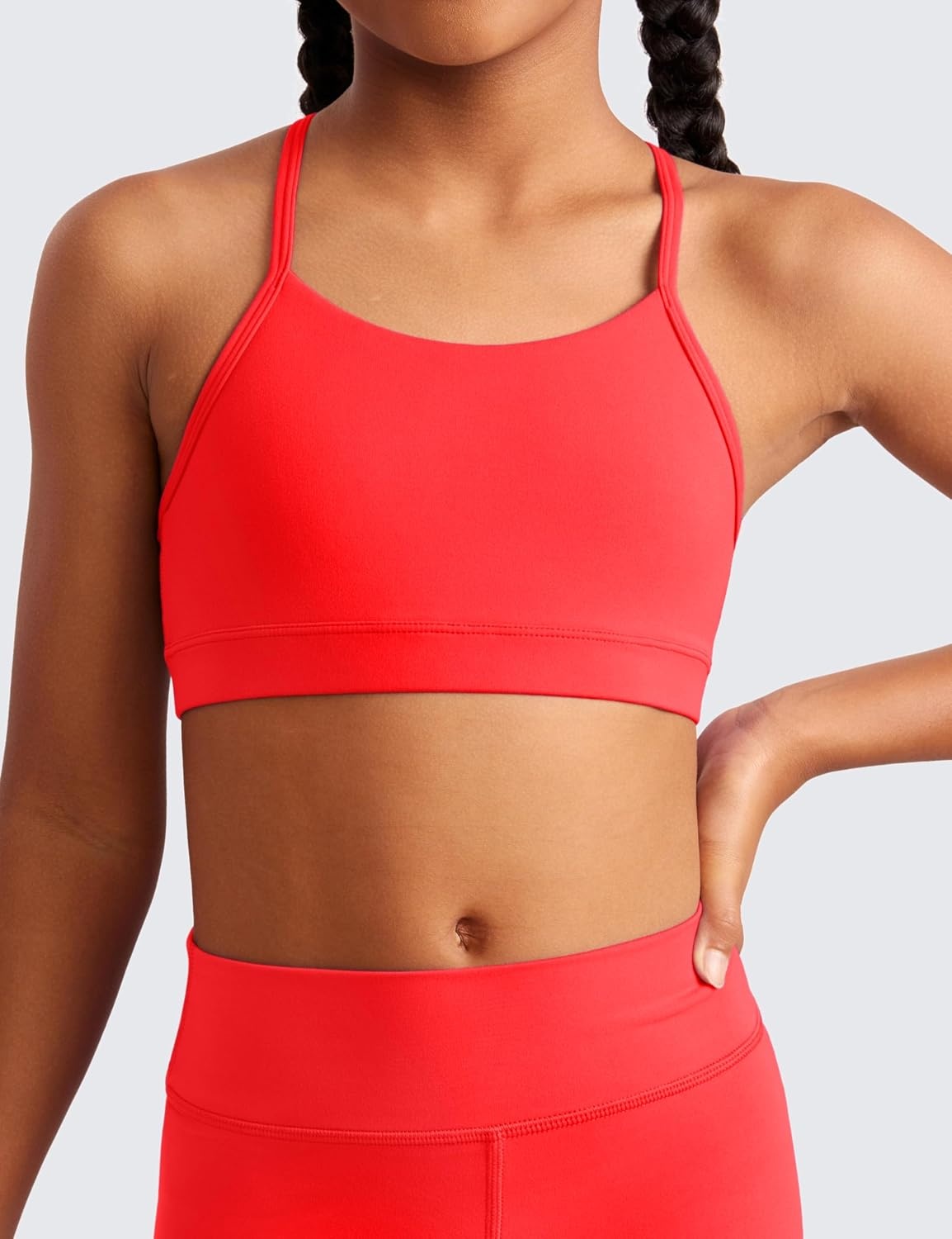 image:imageCRZ YOGA Girls Butterluxe Y Back Sports Bra Yoga Athletic Casual Tops Scoop Neck Spaghetti Strap Padded Crop Kids TeenDeep Red
