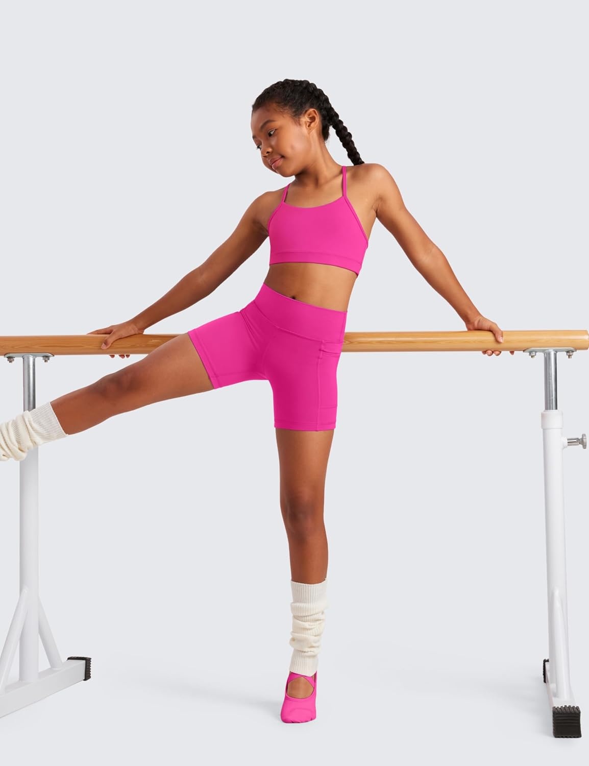 image:imageCRZ YOGA Girls Butterluxe Y Back Sports Bra Yoga Athletic Casual Tops Scoop Neck Spaghetti Strap Padded Crop Kids TeenHibiscus Purple