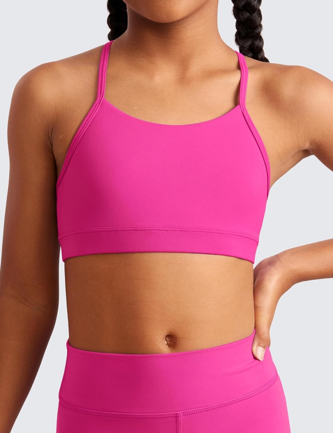 image:imageCRZ YOGA Girls Butterluxe Y Back Sports Bra Yoga Athletic Casual Tops Scoop Neck Spaghetti Strap Padded Crop Kids TeenHibiscus Purple