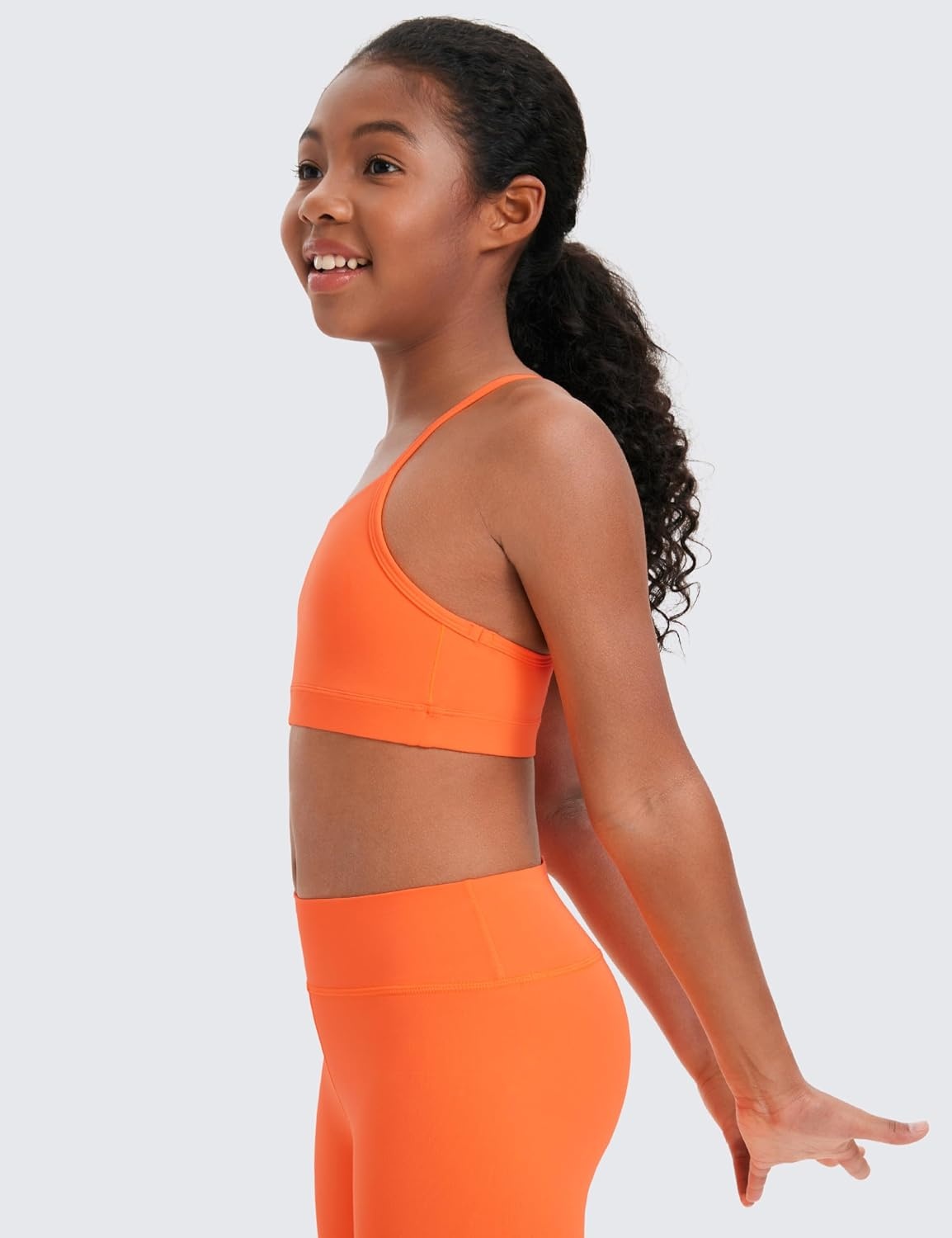 image:imageCRZ YOGA Girls Butterluxe Y Back Sports Bra Yoga Athletic Casual Tops Scoop Neck Spaghetti Strap Padded Crop Kids TeenNeon Orange