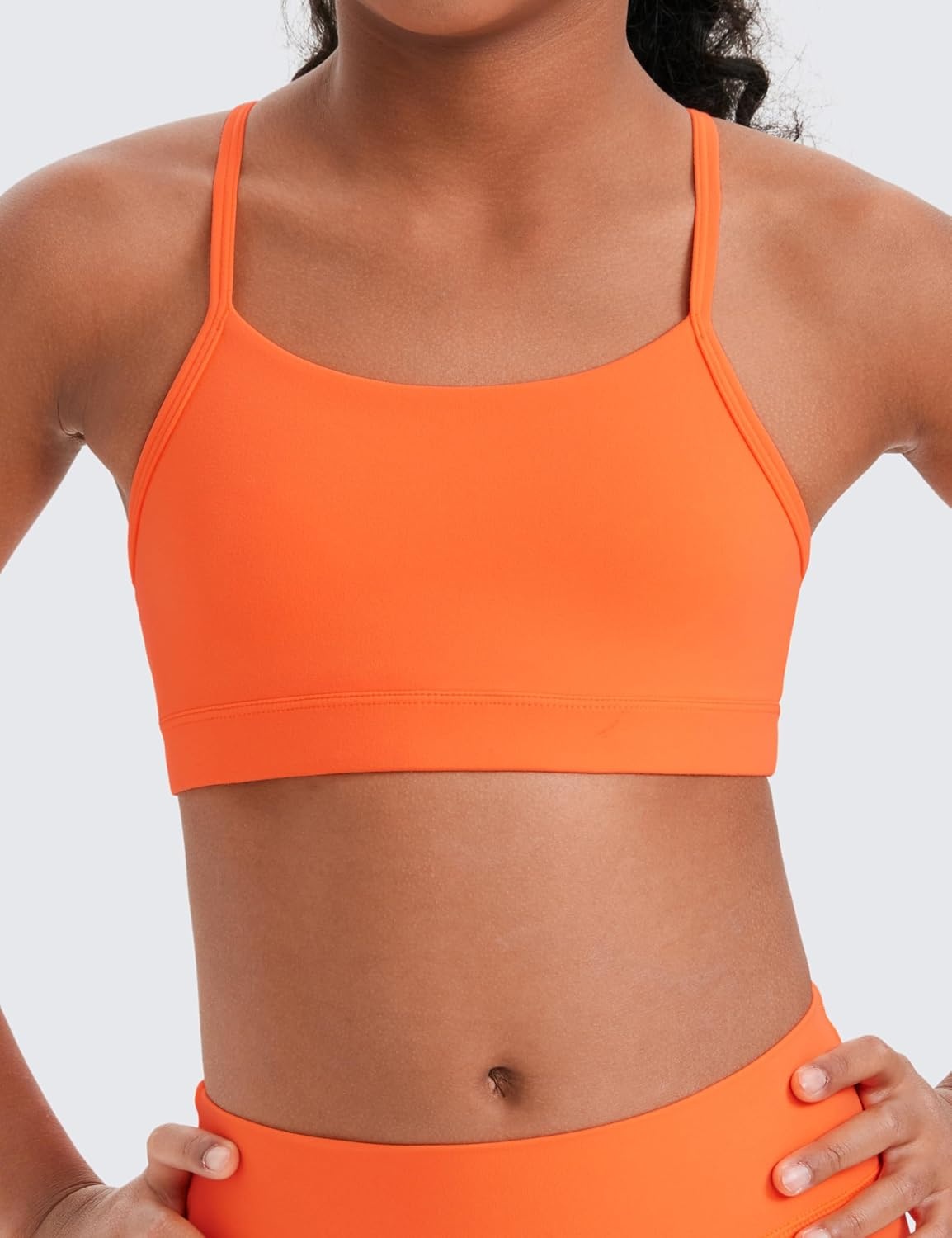 image:imageCRZ YOGA Girls Butterluxe Y Back Sports Bra Yoga Athletic Casual Tops Scoop Neck Spaghetti Strap Padded Crop Kids TeenNeon Orange