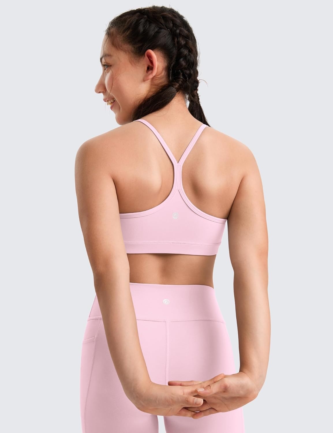 image:imageCRZ YOGA Girls Butterluxe Y Back Sports Bra Yoga Athletic Casual Tops Scoop Neck Spaghetti Strap Padded Crop Kids TeenPink Peony