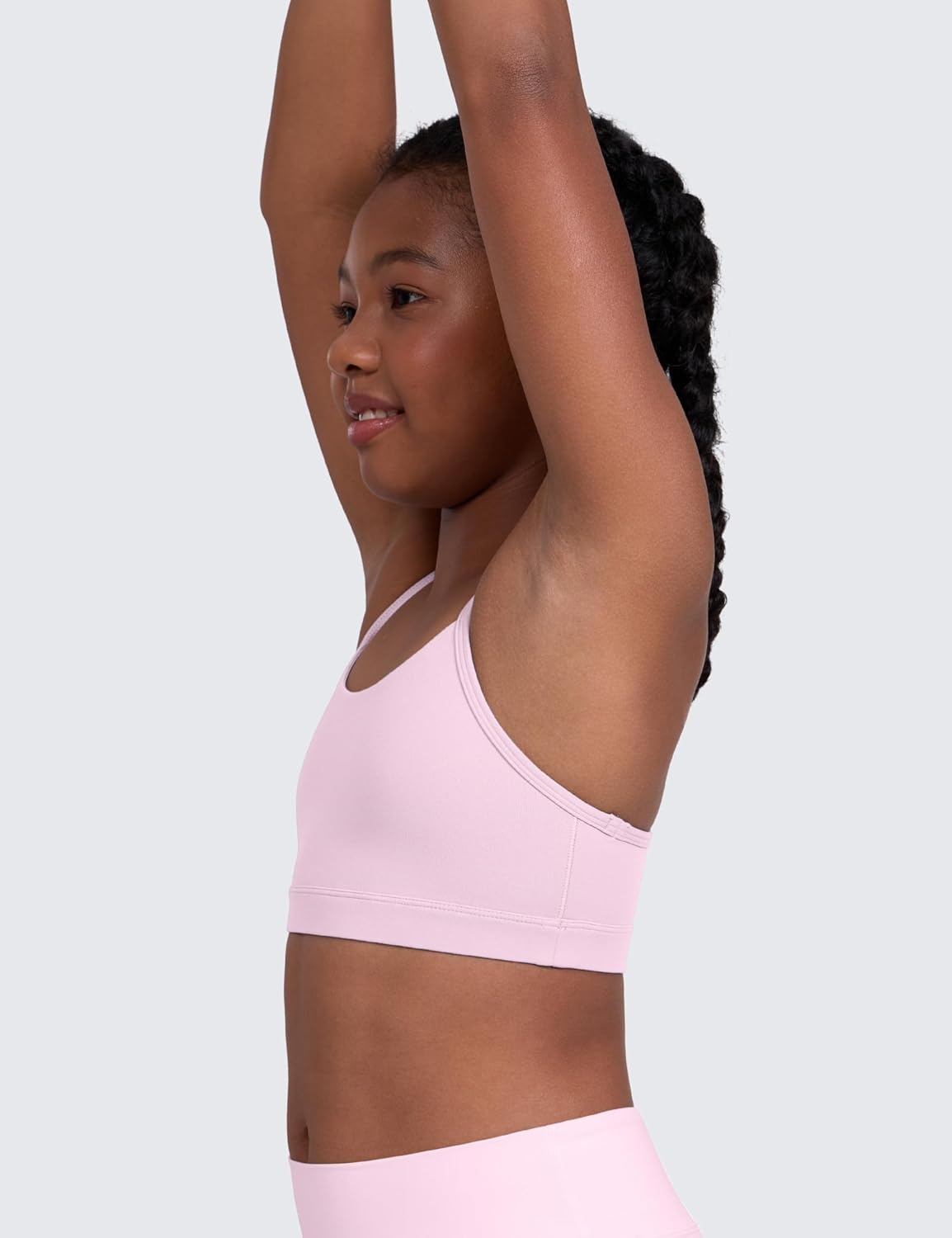 image:imageCRZ YOGA Girls Butterluxe Y Back Sports Bra Yoga Athletic Casual Tops Scoop Neck Spaghetti Strap Padded Crop Kids TeenPink Peony