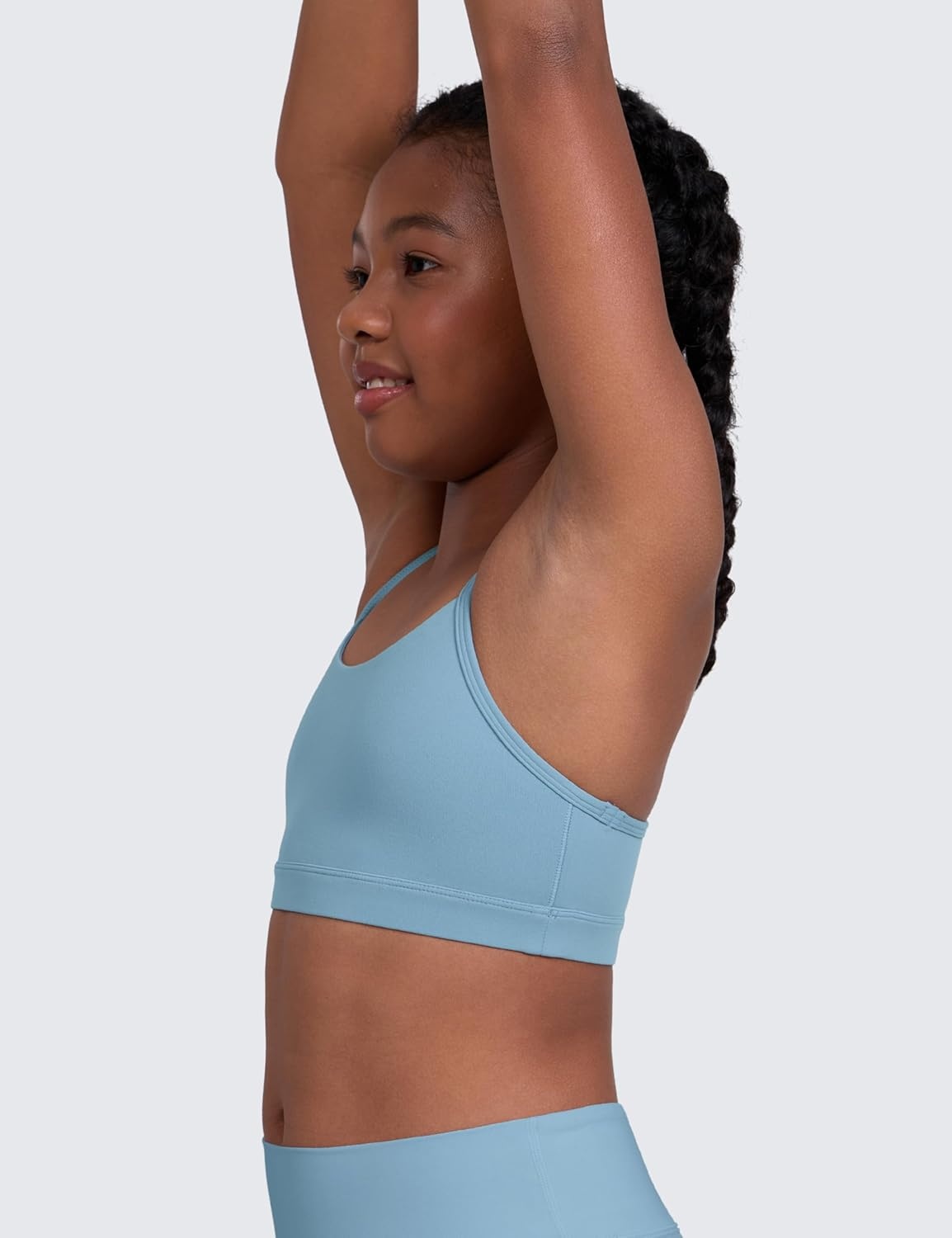 image:imageCRZ YOGA Girls Butterluxe Y Back Sports Bra Yoga Athletic Casual Tops Scoop Neck Spaghetti Strap Padded Crop Kids TeenPure Blue