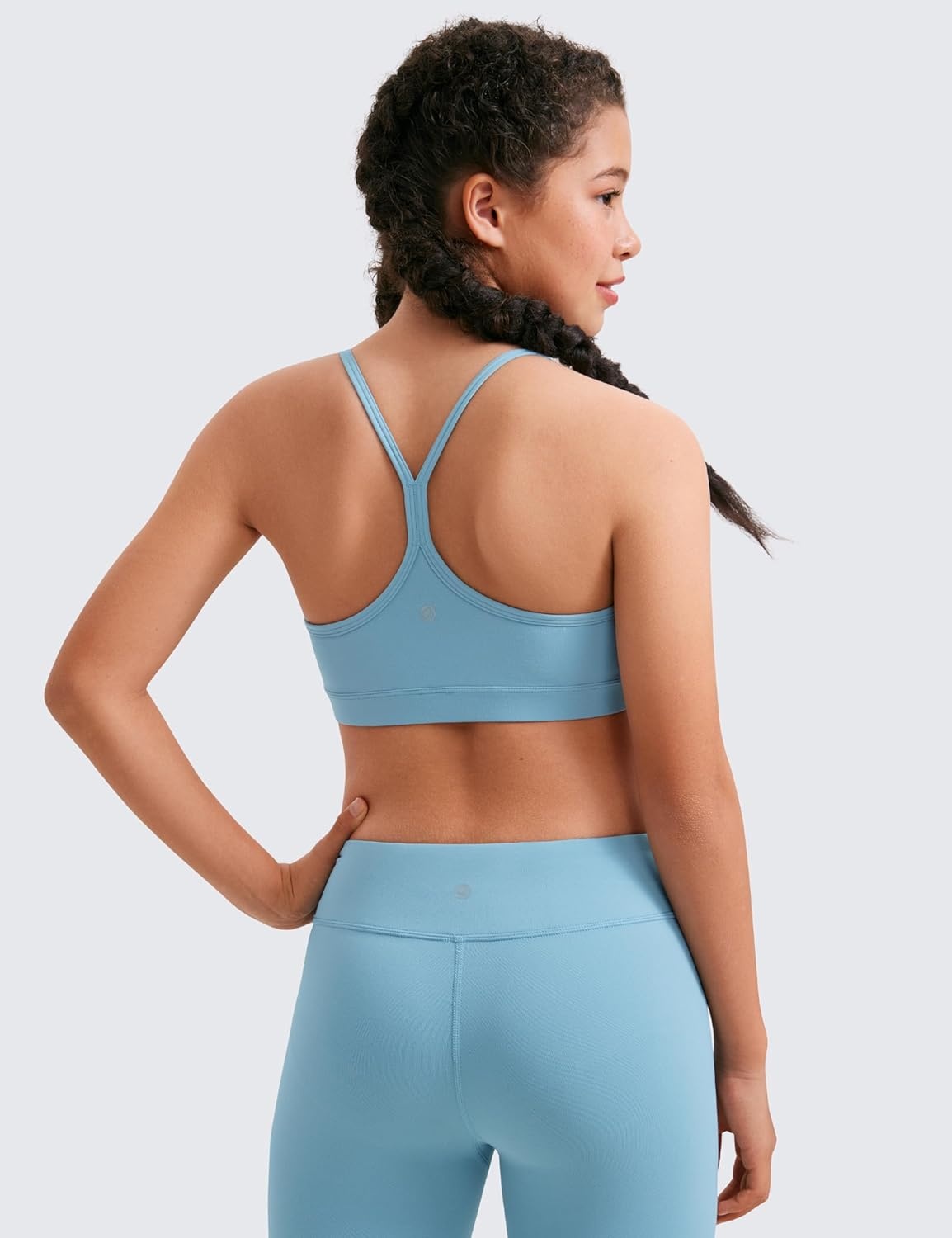 image:imageCRZ YOGA Girls Butterluxe Y Back Sports Bra Yoga Athletic Casual Tops Scoop Neck Spaghetti Strap Padded Crop Kids TeenPure Blue