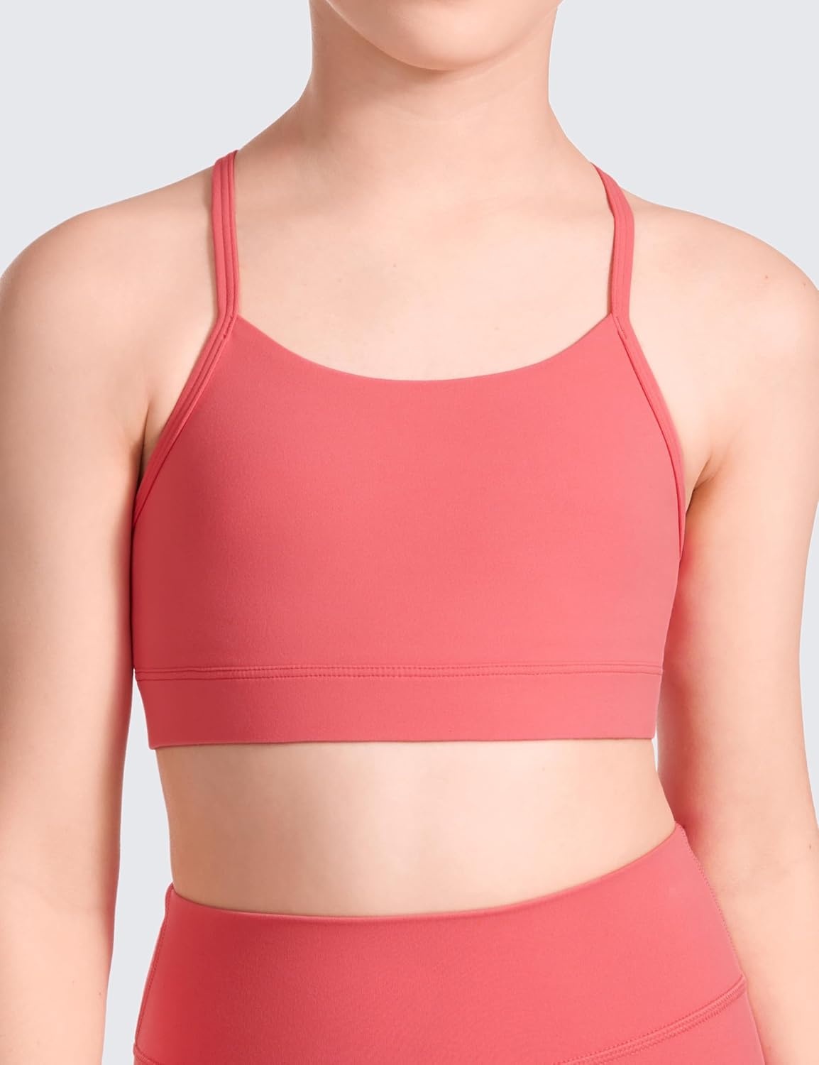 image:imageCRZ YOGA Girls Butterluxe Y Back Sports Bra Yoga Athletic Casual Tops Scoop Neck Spaghetti Strap Padded Crop Kids TeenRaspberry Sorbet