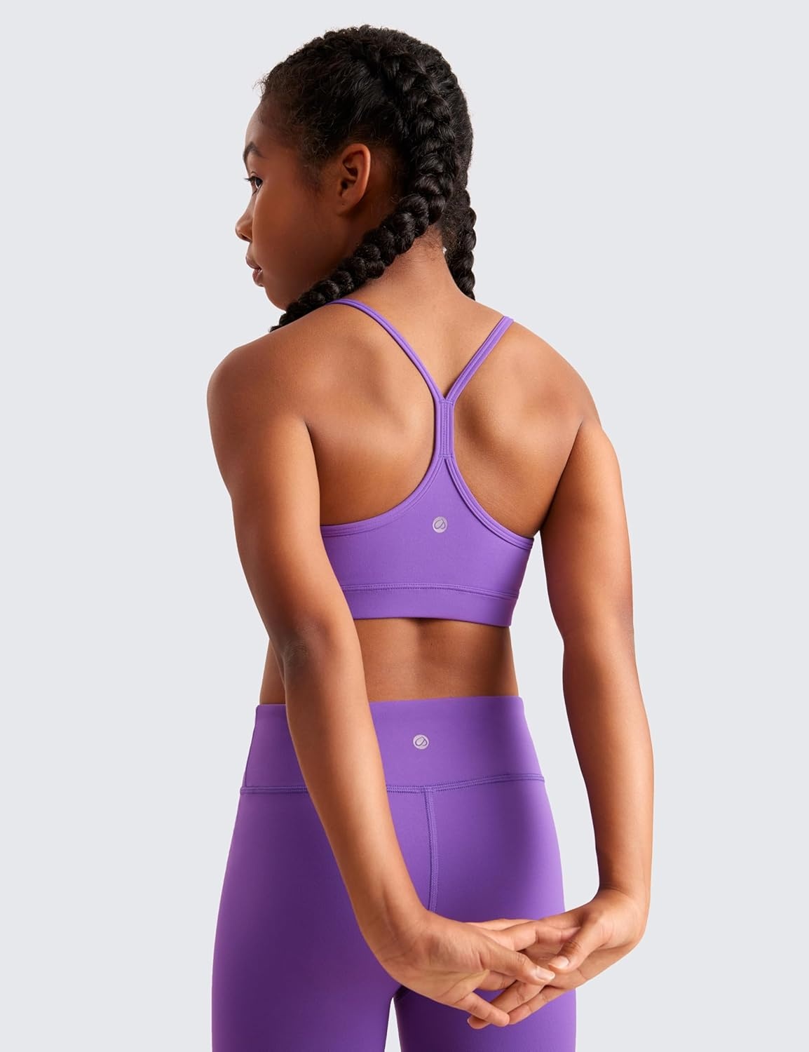 image:imageCRZ YOGA Girls Butterluxe Y Back Sports Bra Yoga Athletic Casual Tops Scoop Neck Spaghetti Strap Padded Crop Kids TeenRoyal Lilac