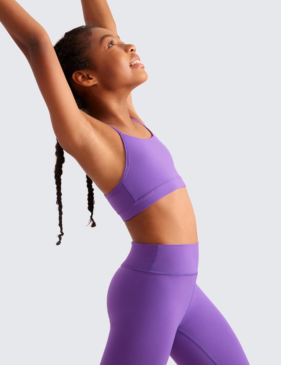 image:imageCRZ YOGA Girls Butterluxe Y Back Sports Bra Yoga Athletic Casual Tops Scoop Neck Spaghetti Strap Padded Crop Kids TeenRoyal Lilac