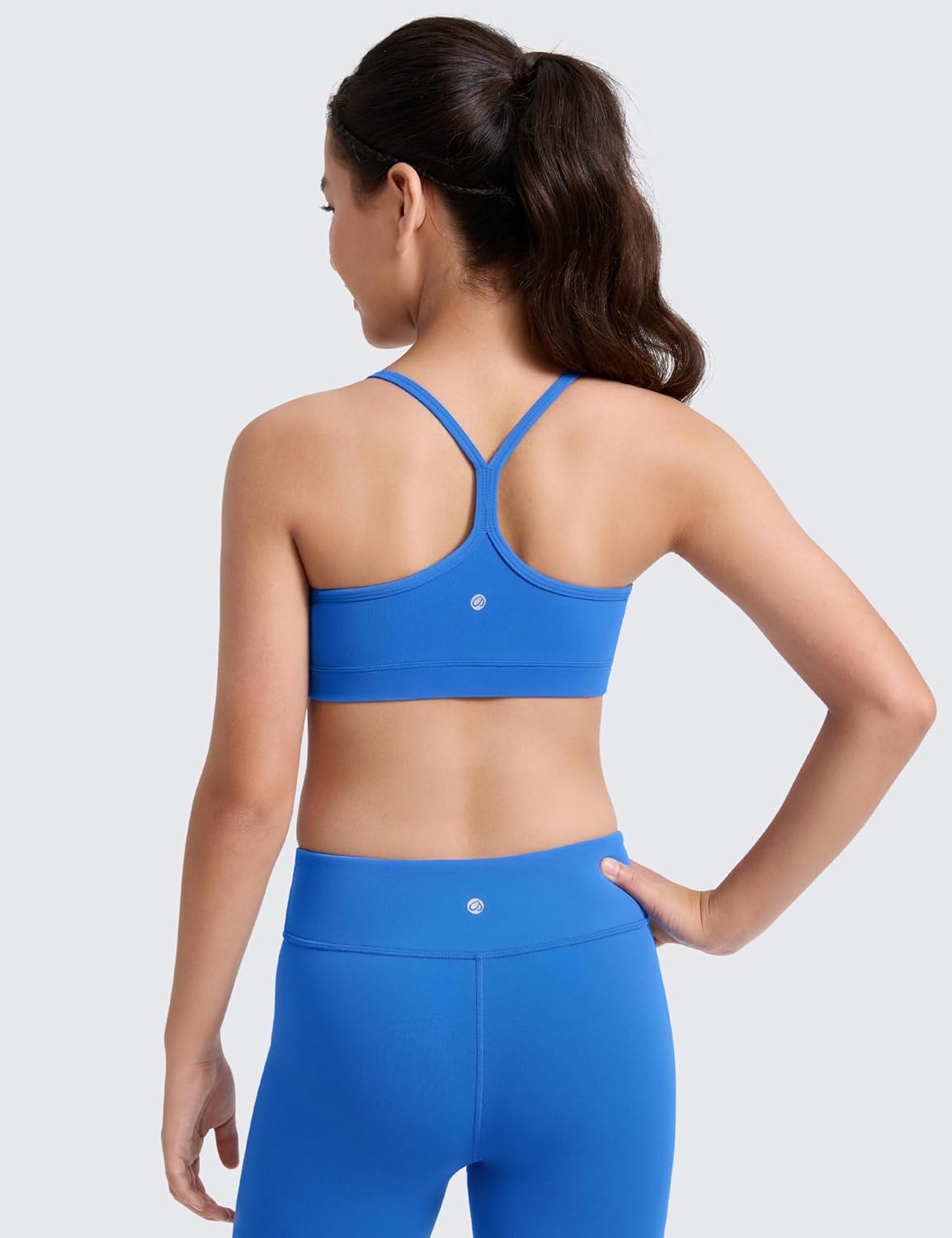 image:imageCRZ YOGA Girls Butterluxe Y Back Sports Bra Yoga Athletic Casual Tops Scoop Neck Spaghetti Strap Padded Crop Kids TeenSparkle Blue