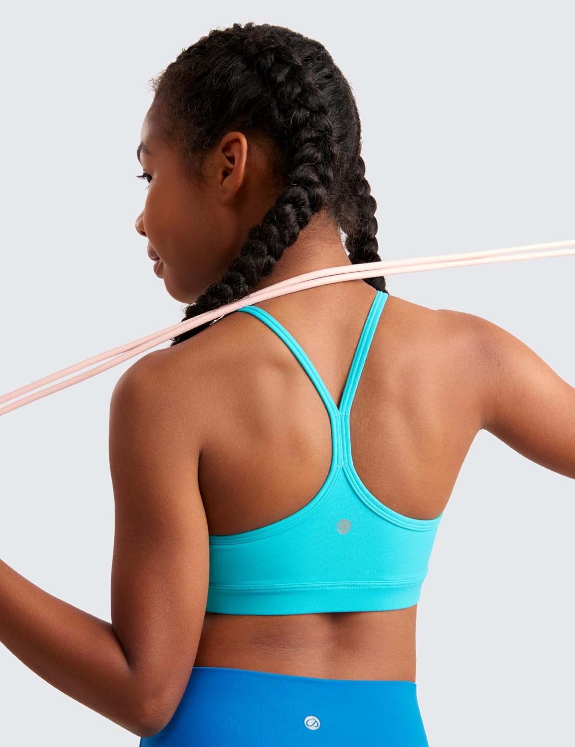image:imageCRZ YOGA Girls Butterluxe Y Back Sports Bra Yoga Athletic Casual Tops Scoop Neck Spaghetti Strap Padded Crop Kids TeenSpectral Blue