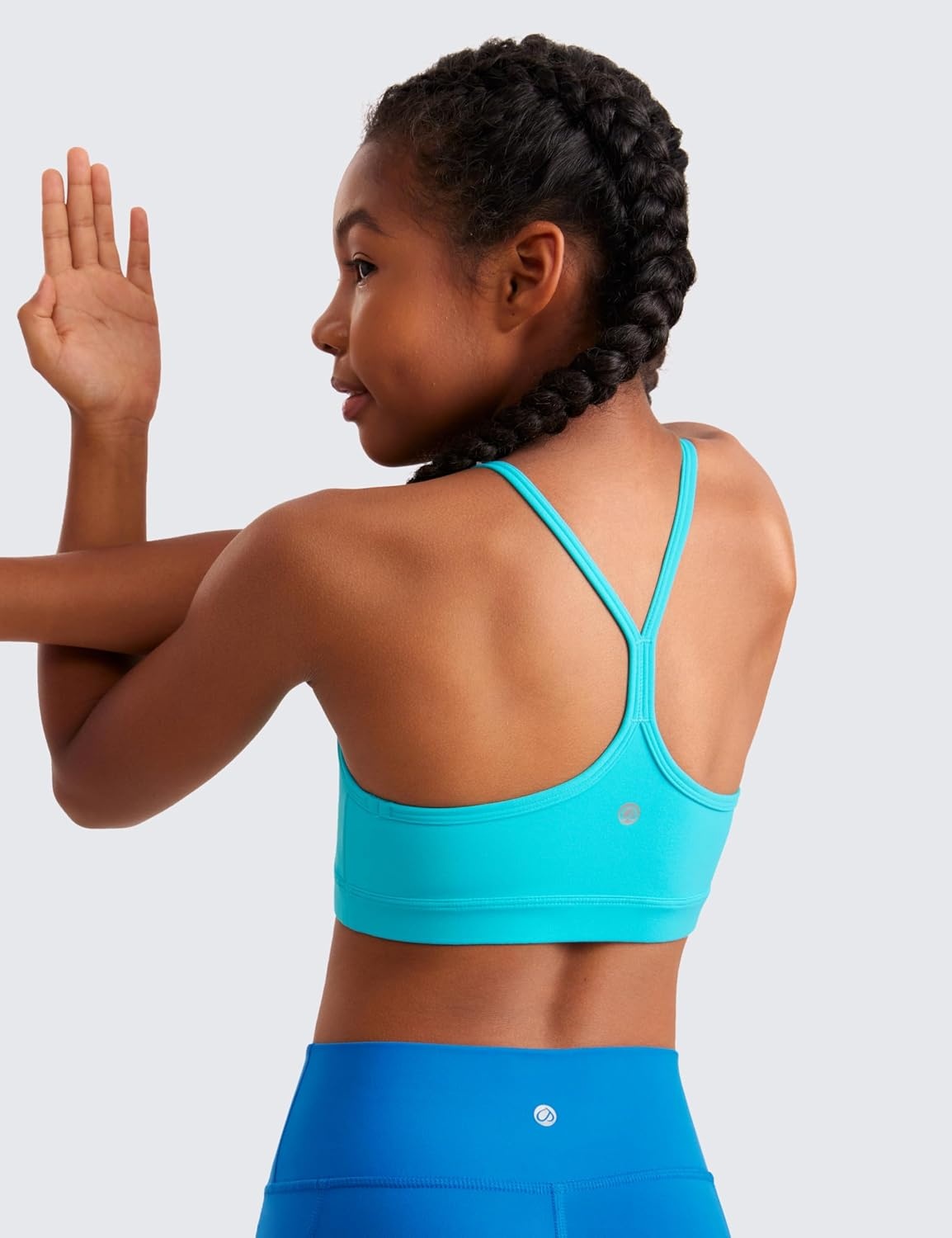 image:imageCRZ YOGA Girls Butterluxe Y Back Sports Bra Yoga Athletic Casual Tops Scoop Neck Spaghetti Strap Padded Crop Kids TeenSpectral Blue