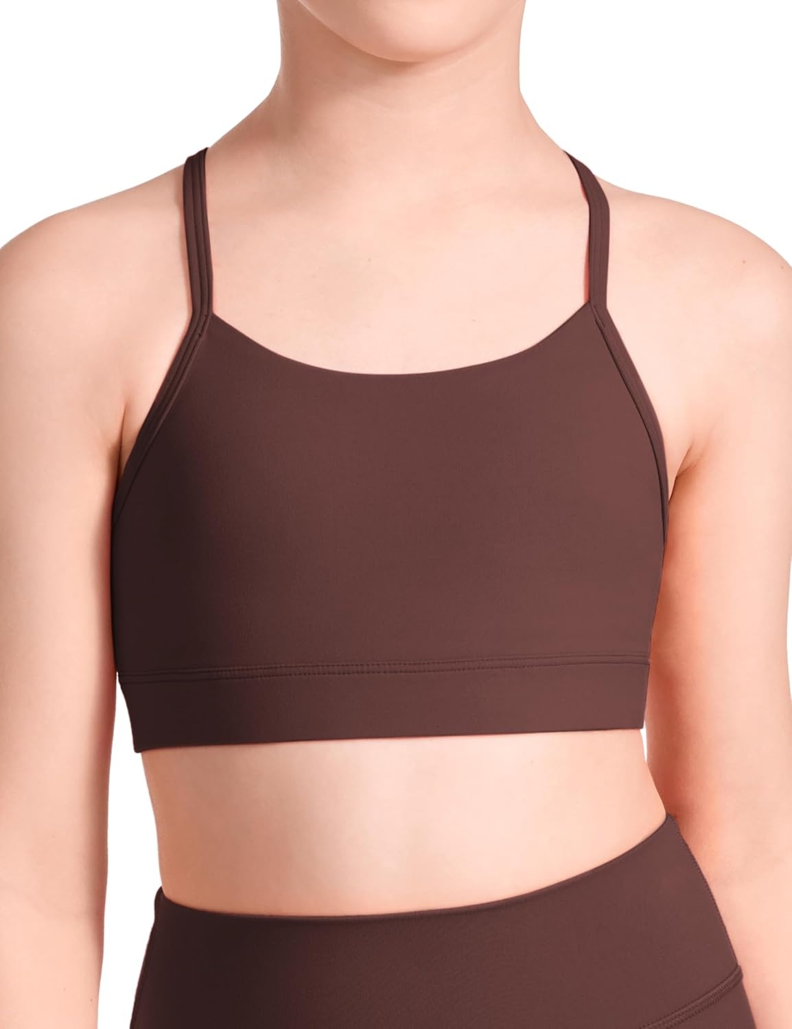 image:imageCRZ YOGA Girls Butterluxe Y Back Sports Bra Yoga Athletic Casual Tops Scoop Neck Spaghetti Strap Padded Crop Kids TeenTaupe