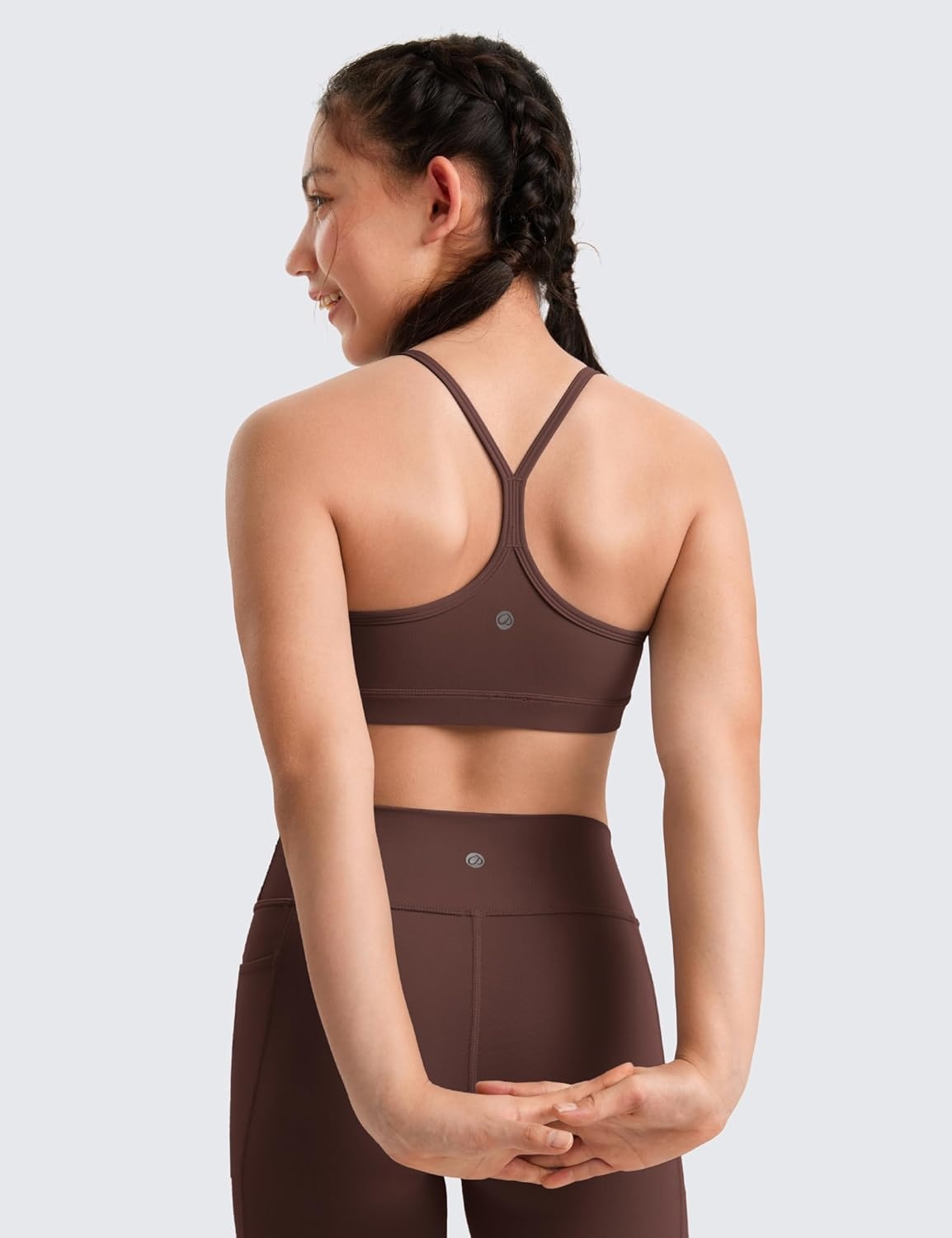 image:imageCRZ YOGA Girls Butterluxe Y Back Sports Bra Yoga Athletic Casual Tops Scoop Neck Spaghetti Strap Padded Crop Kids TeenTaupe