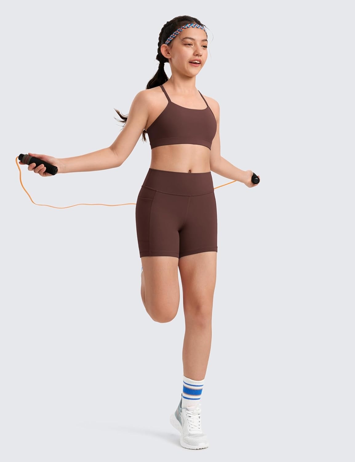 image:imageCRZ YOGA Girls Butterluxe Y Back Sports Bra Yoga Athletic Casual Tops Scoop Neck Spaghetti Strap Padded Crop Kids TeenTaupe